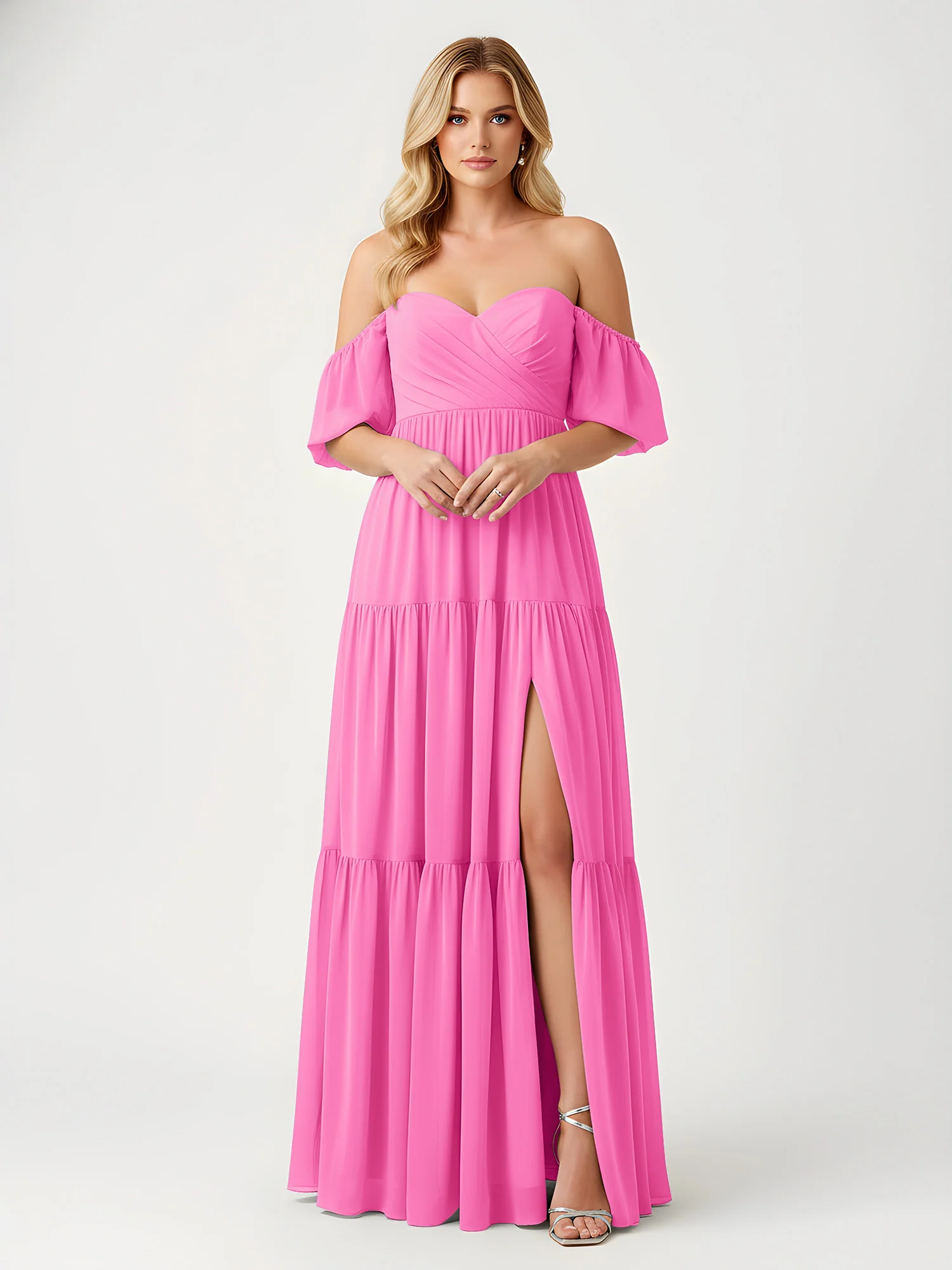 Off-Shoulder Tiered Chiffon Maxi Dress with Slit Azalea