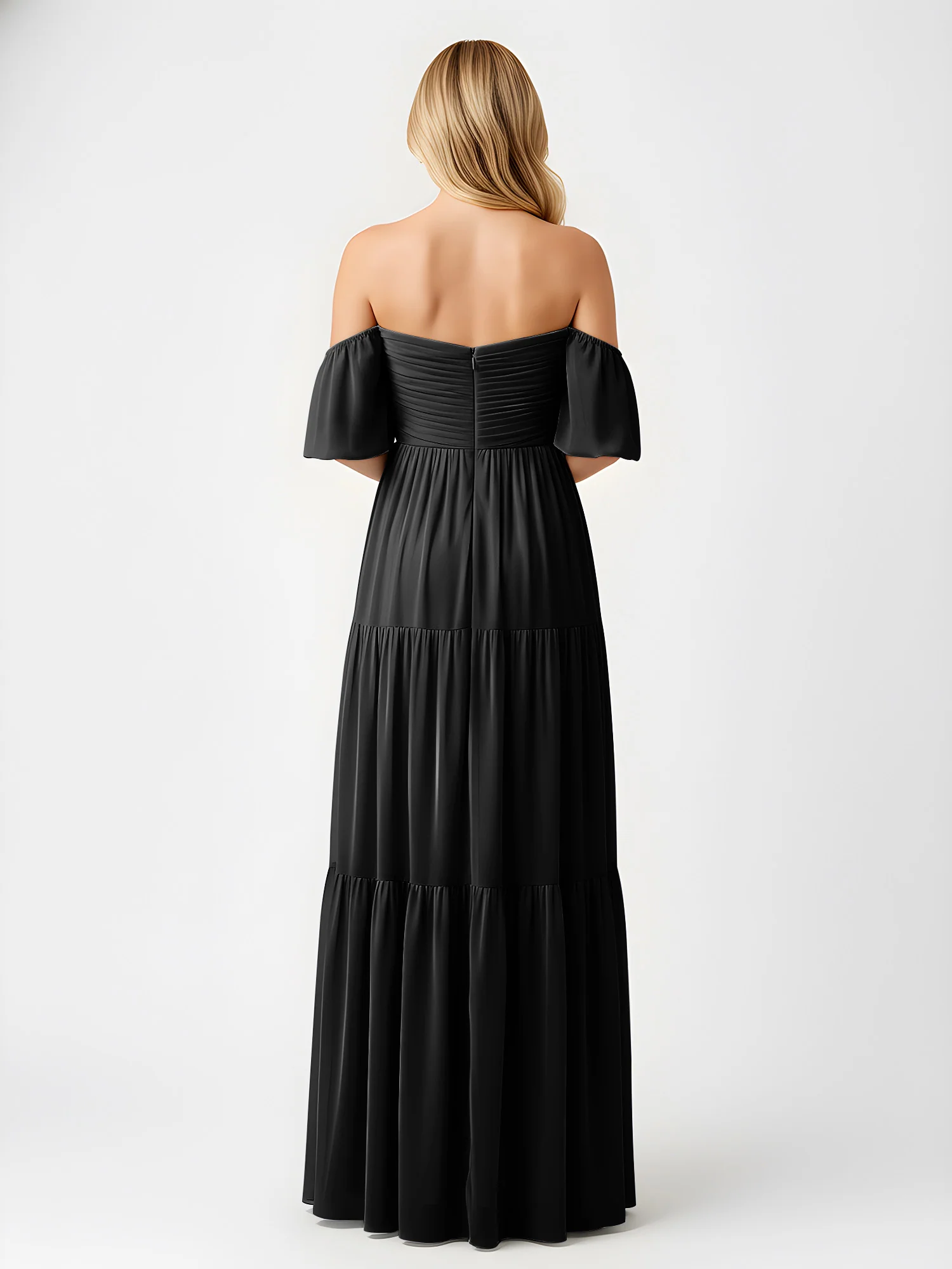 Off-Shoulder Tiered Chiffon Maxi Dress with Slit Black - Image 2
