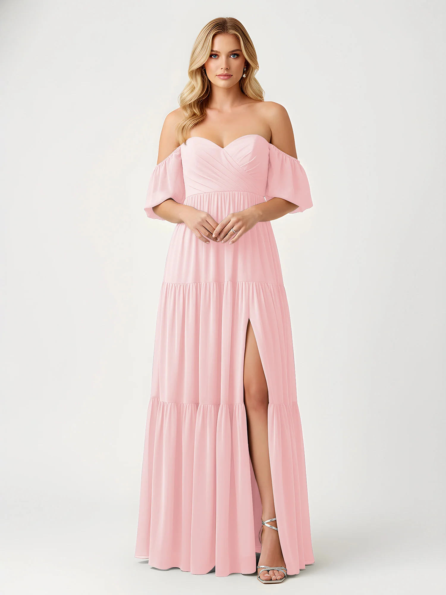 Off-Shoulder Tiered Chiffon Maxi Dress with Slit Blushing Pink