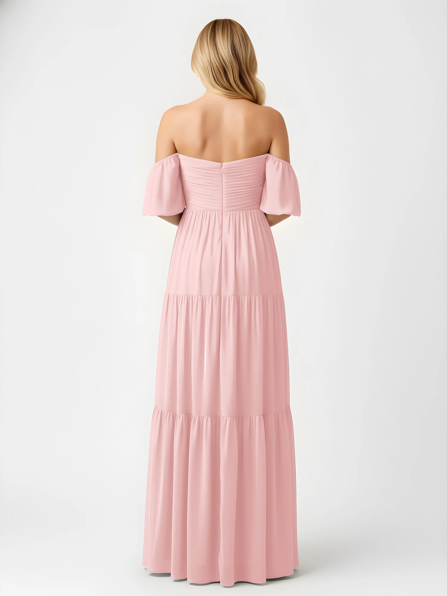 Off-Shoulder Tiered Chiffon Maxi Dress with Slit Dusty Rose - Image 2
