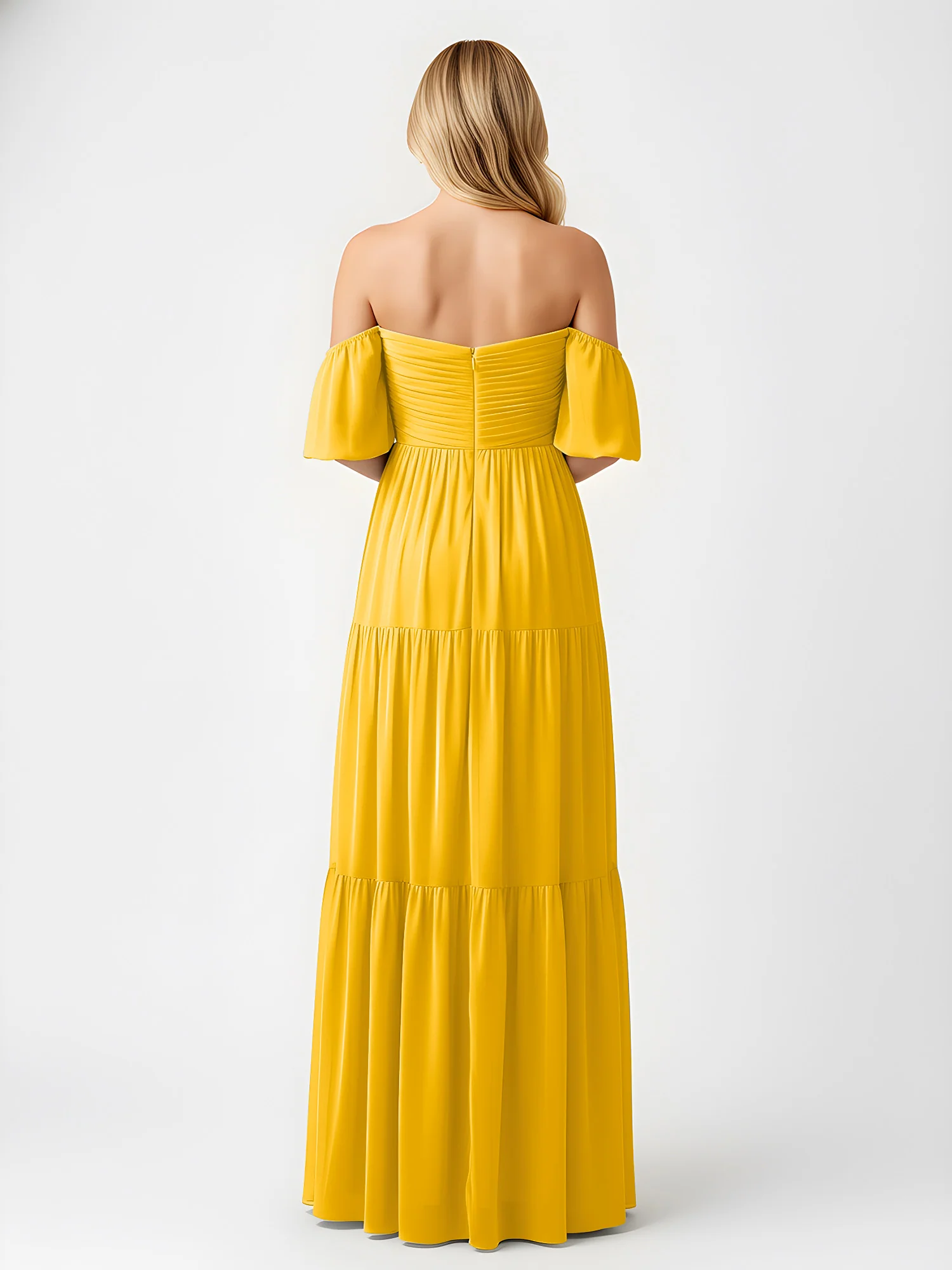 Off-Shoulder Tiered Chiffon Maxi Dress with Slit Marigold - Image 2