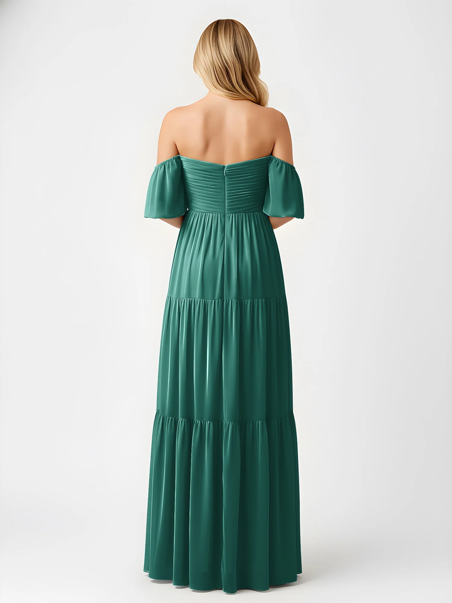 Off-Shoulder Tiered Chiffon Maxi Dress with Slit Peacock - Image 2