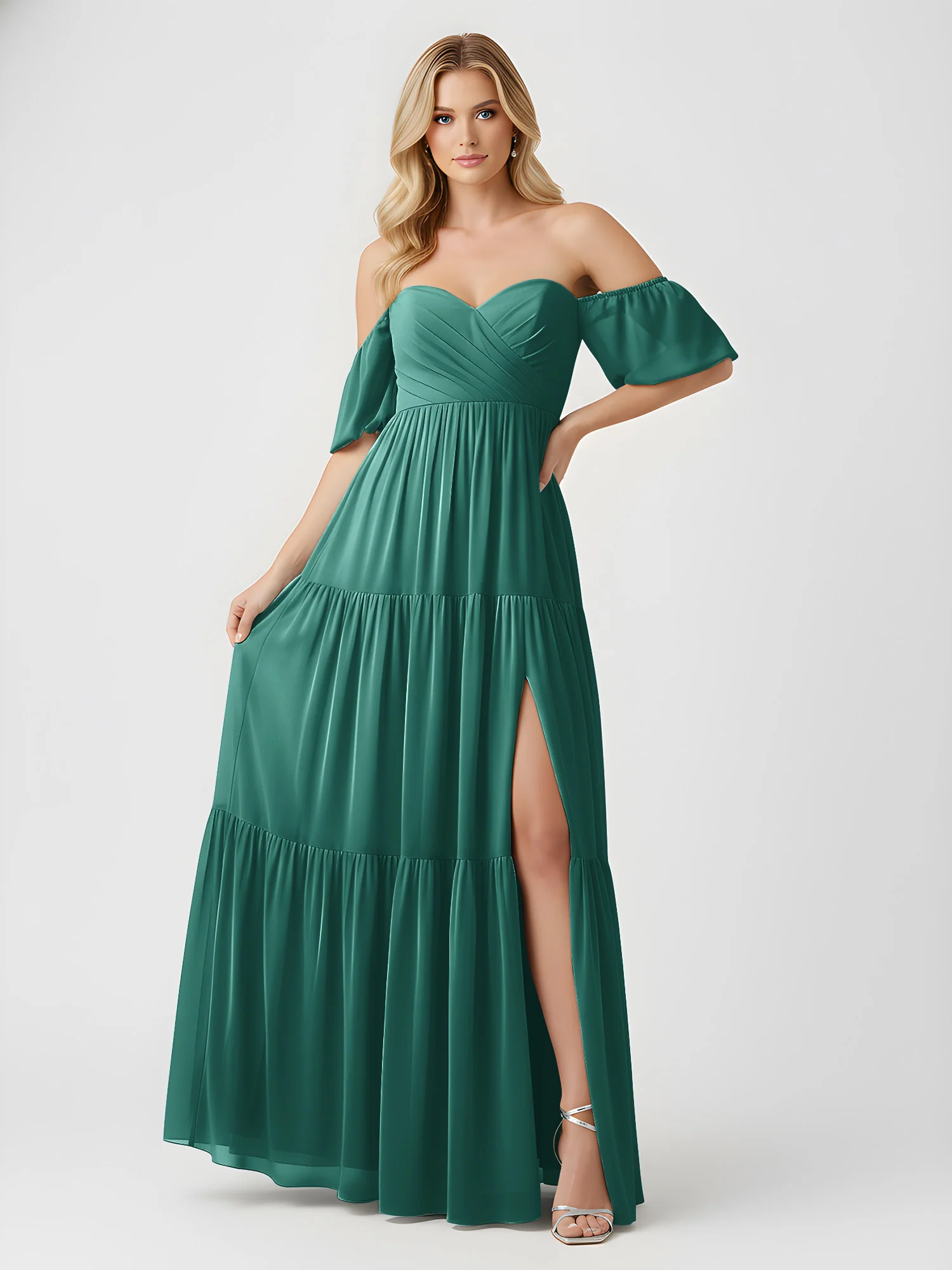 Off-Shoulder Tiered Chiffon Maxi Dress with Slit Peacock - Image 3