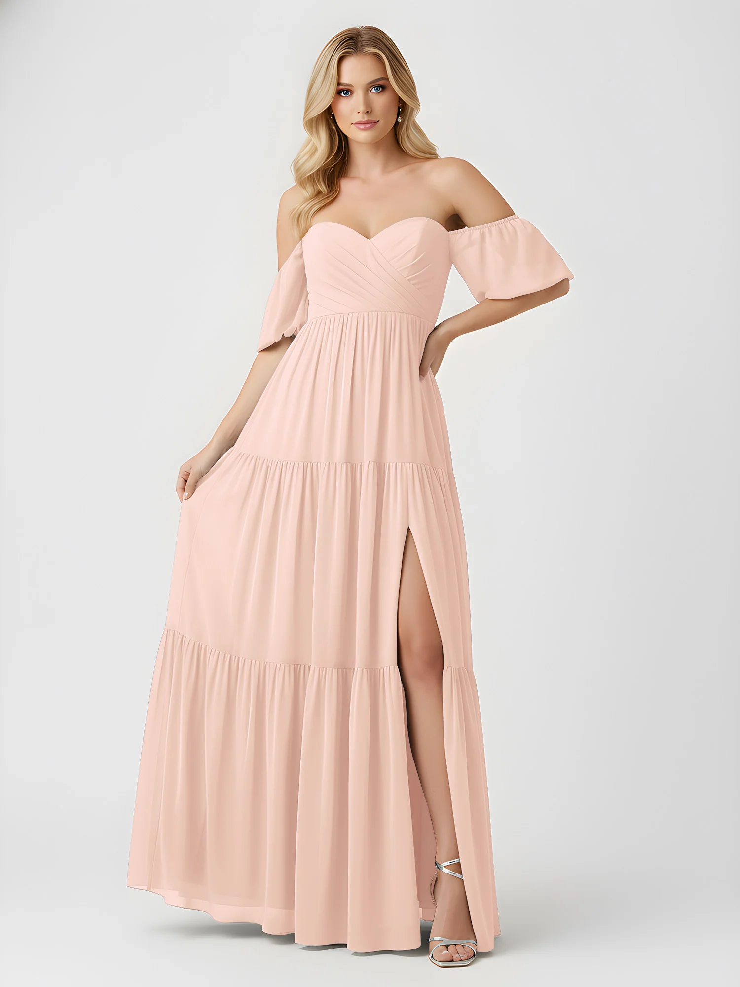 Off-Shoulder Tiered Chiffon Maxi Dress with Slit Pearl Pink - Image 3