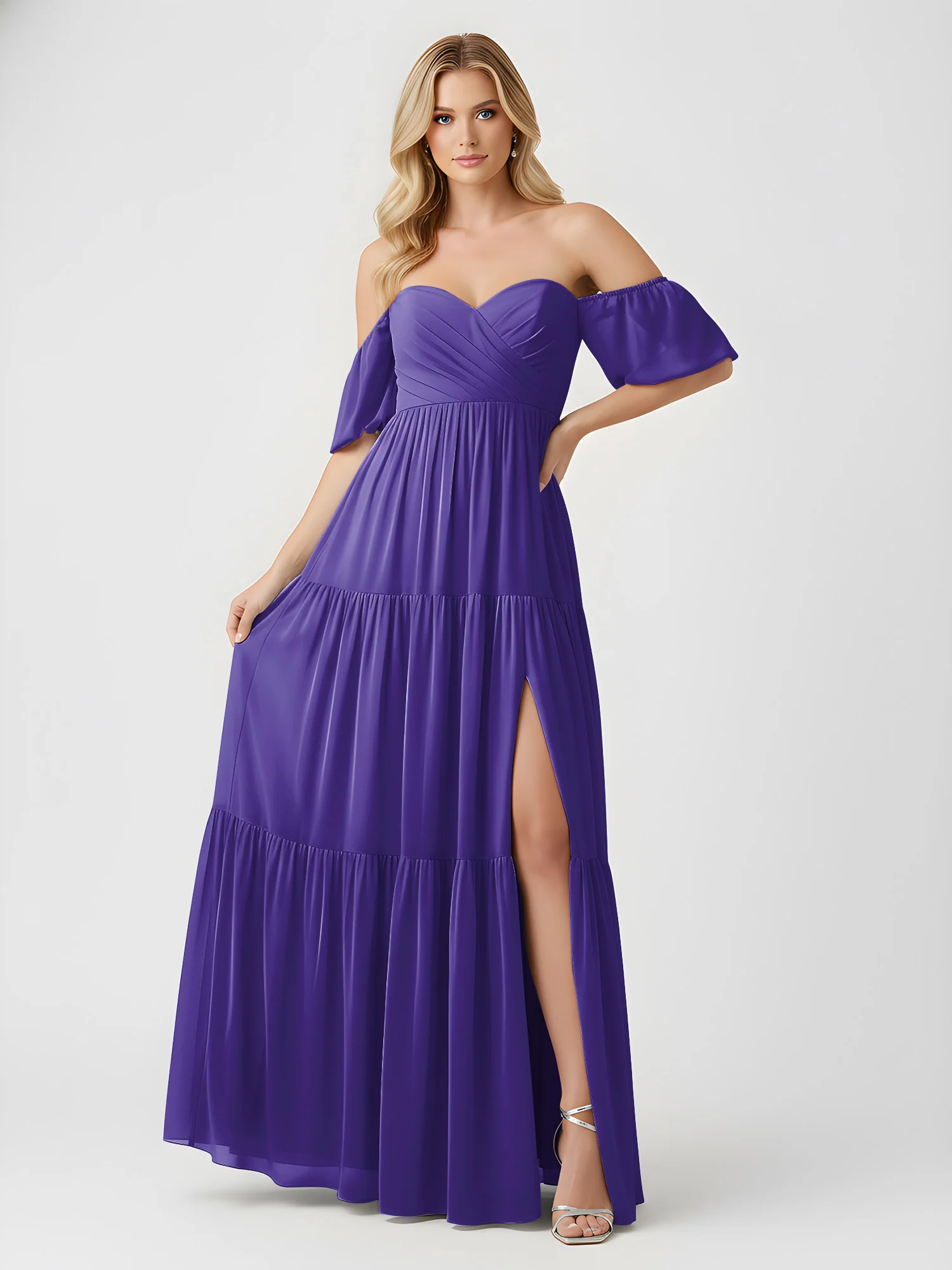 Off-Shoulder Tiered Chiffon Maxi Dress with Slit Regency - Image 3