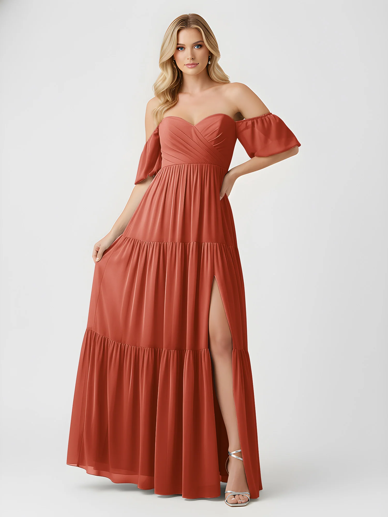 Off-Shoulder Tiered Chiffon Maxi Dress with Slit Rust - Image 3