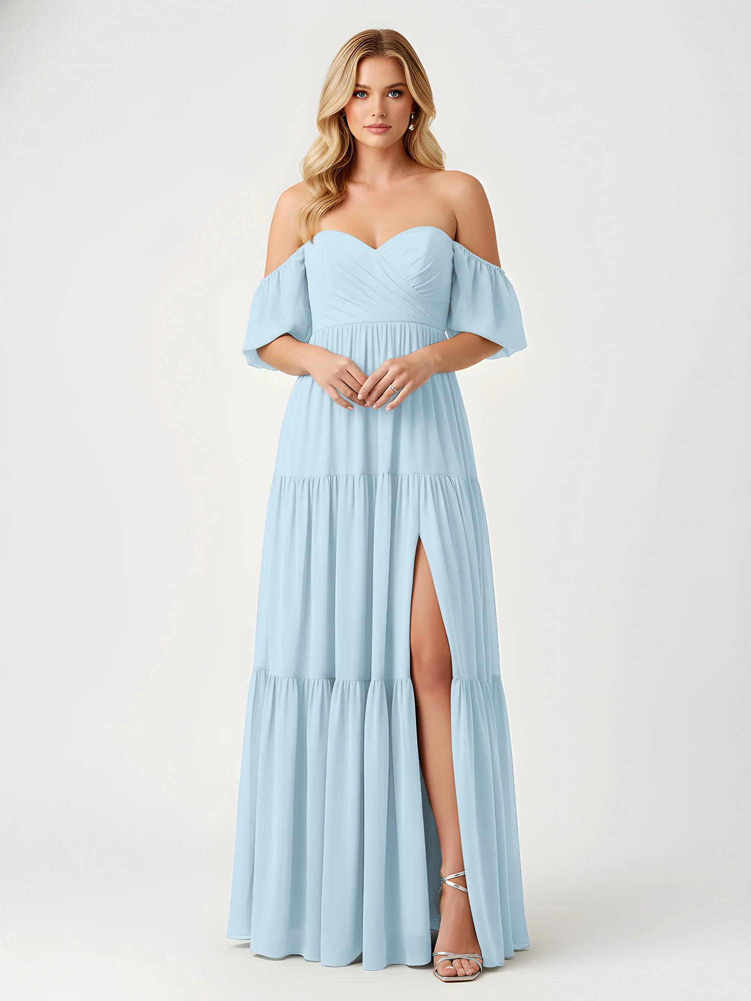 Off-Shoulder Tiered Chiffon Maxi Dress with Slit Sky Blue