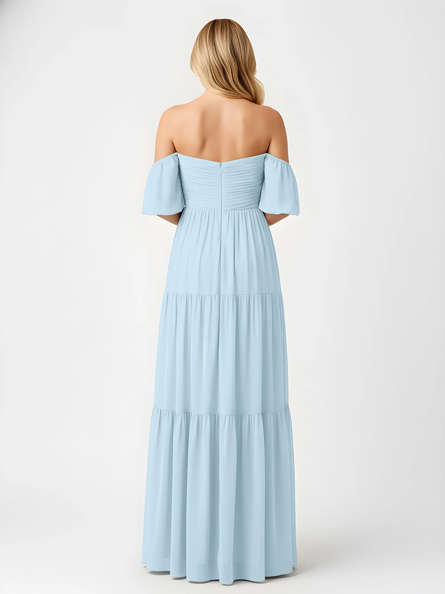 Off-Shoulder Tiered Chiffon Maxi Dress with Slit Sky Blue - Image 2