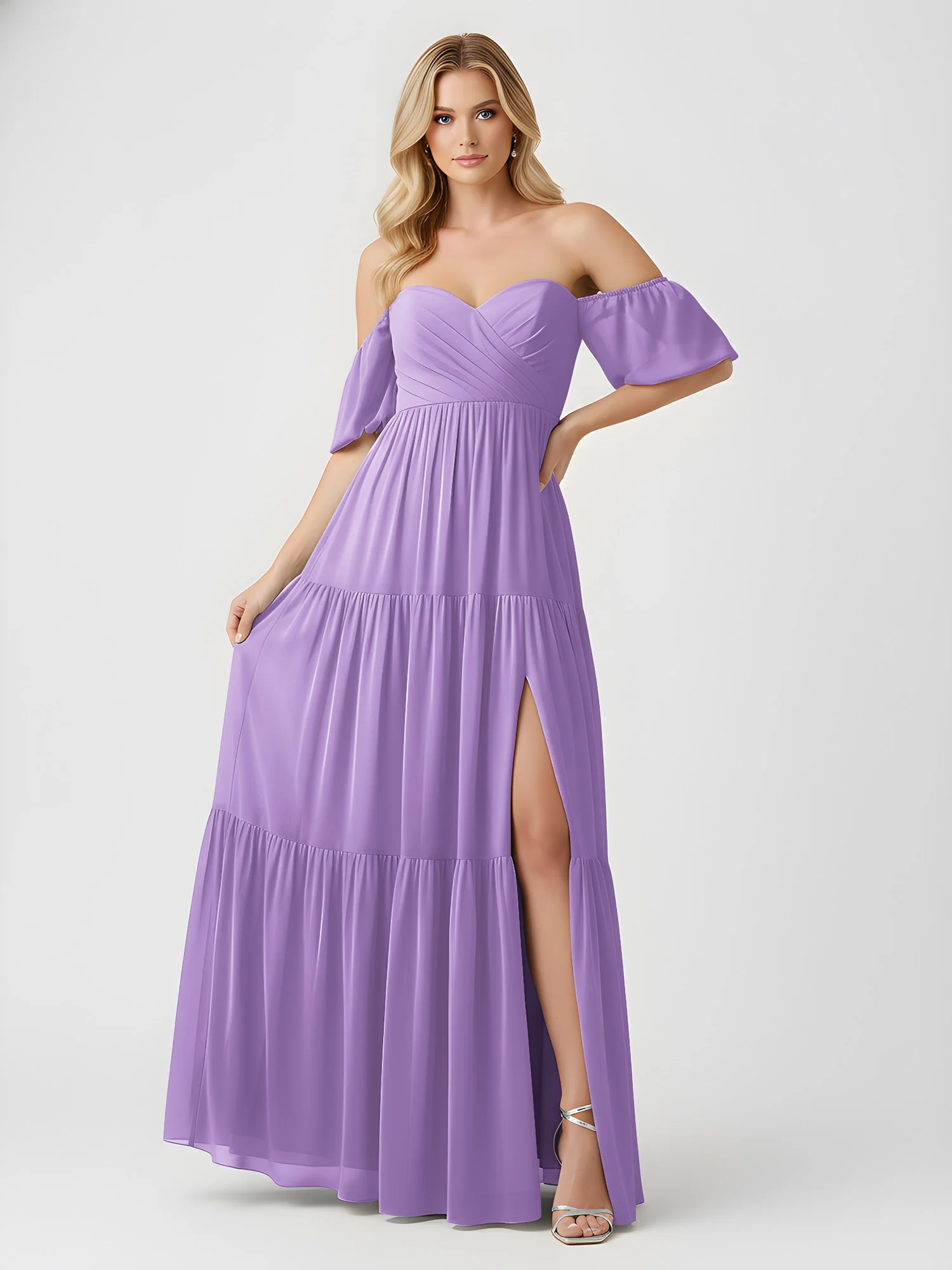 Off-Shoulder Tiered Chiffon Maxi Dress with Slit Tahiti - Image 3