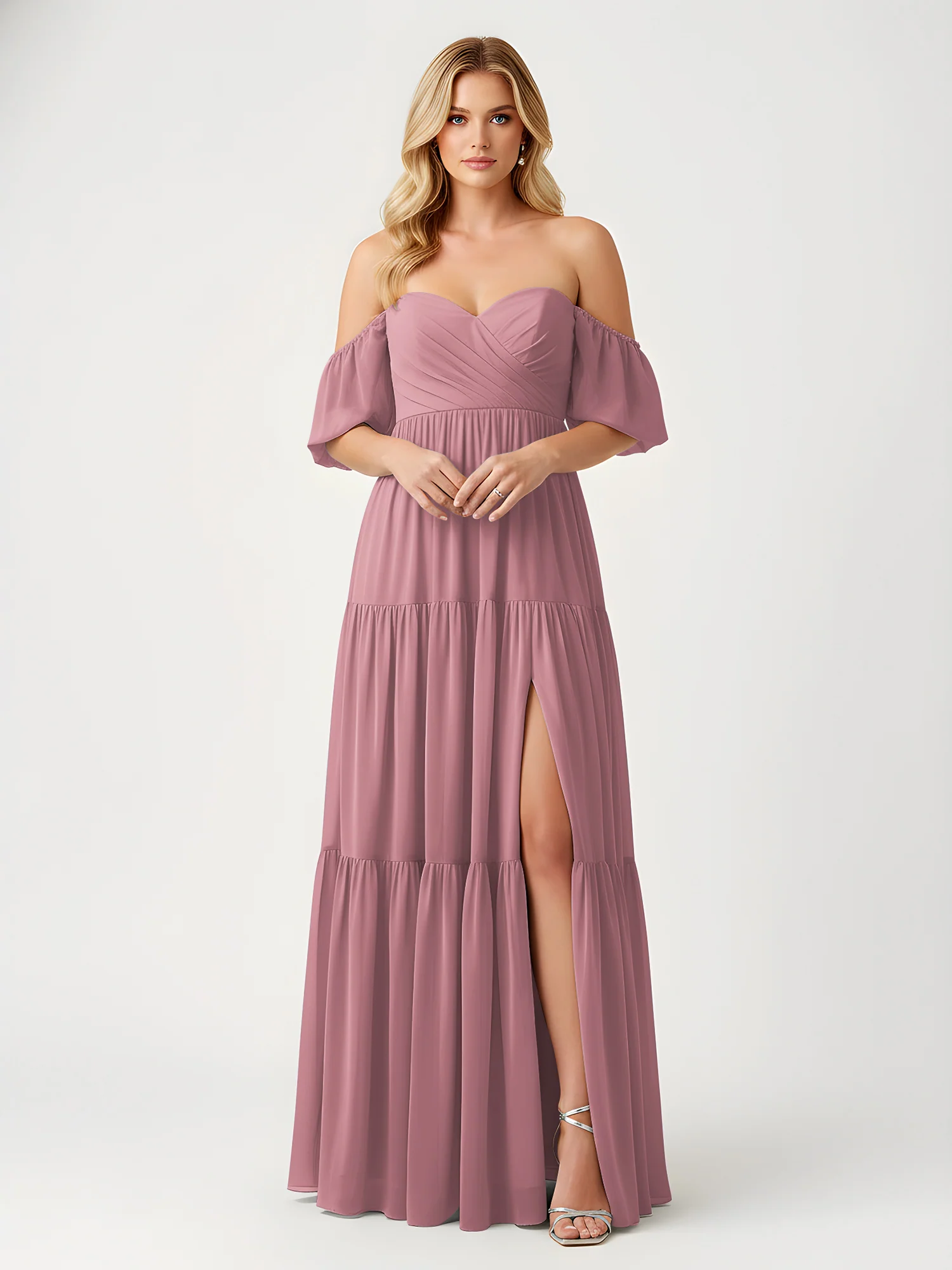 Off-Shoulder Tiered Chiffon Maxi Dress with Slit Vintage Mauve