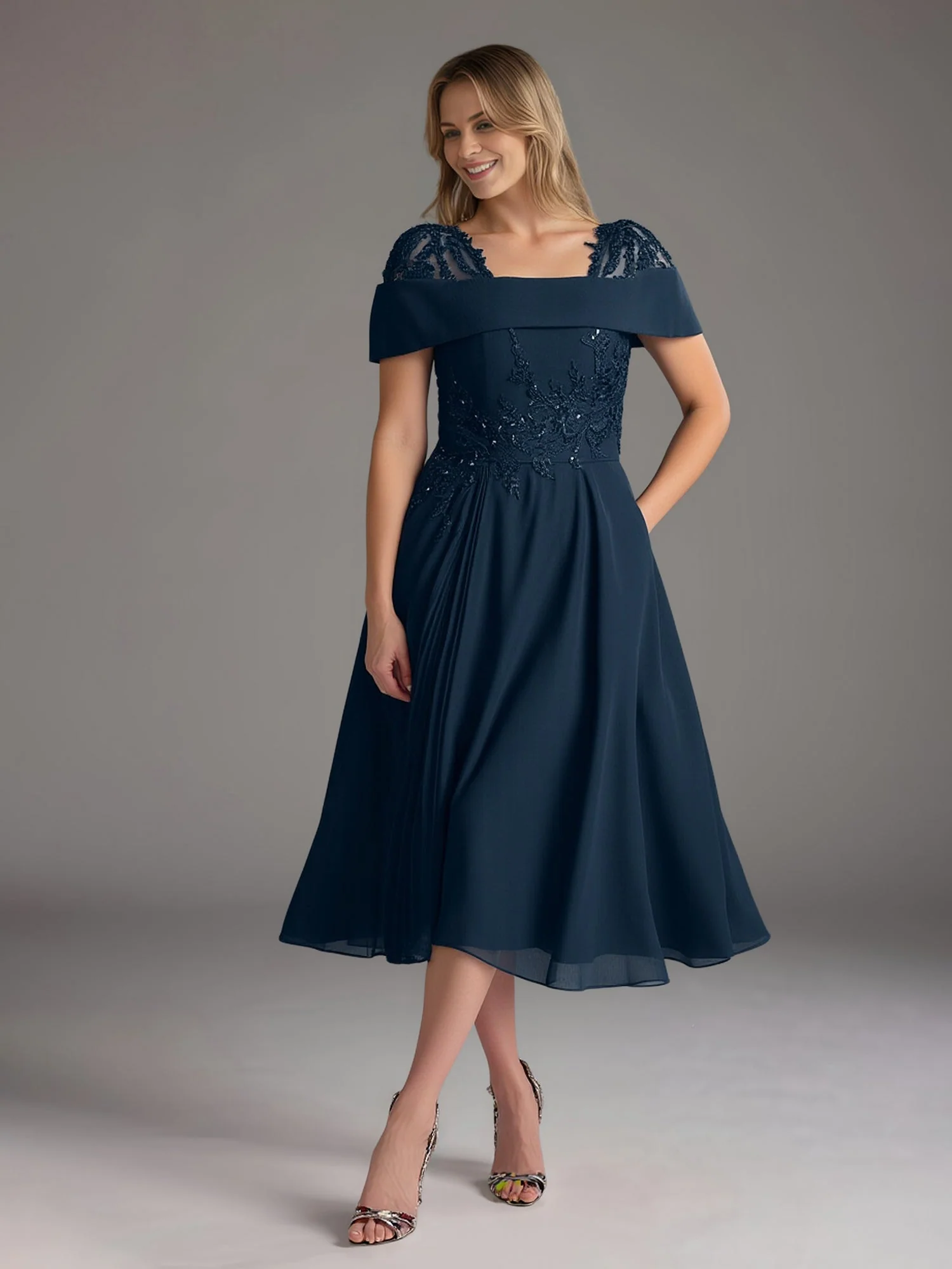 Chic A-Line Lace Square Neck Chiffon Tea-Length Dress Orchid