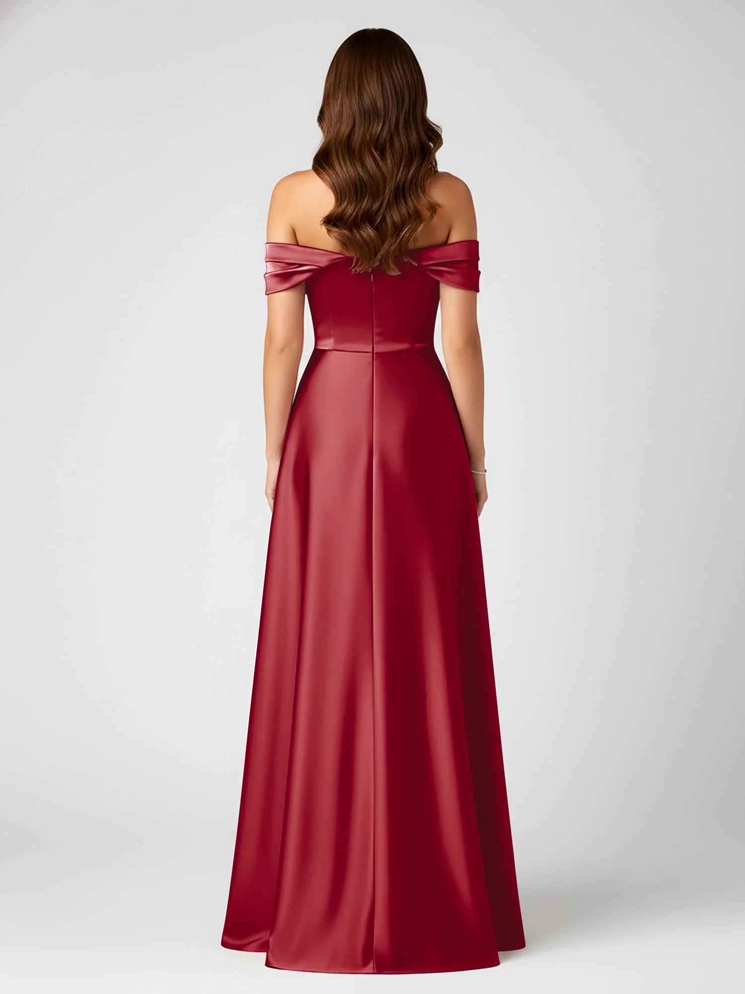Off-Shoulder Folded Sleeve A-Line Satin Gown Burgundy - Image 2