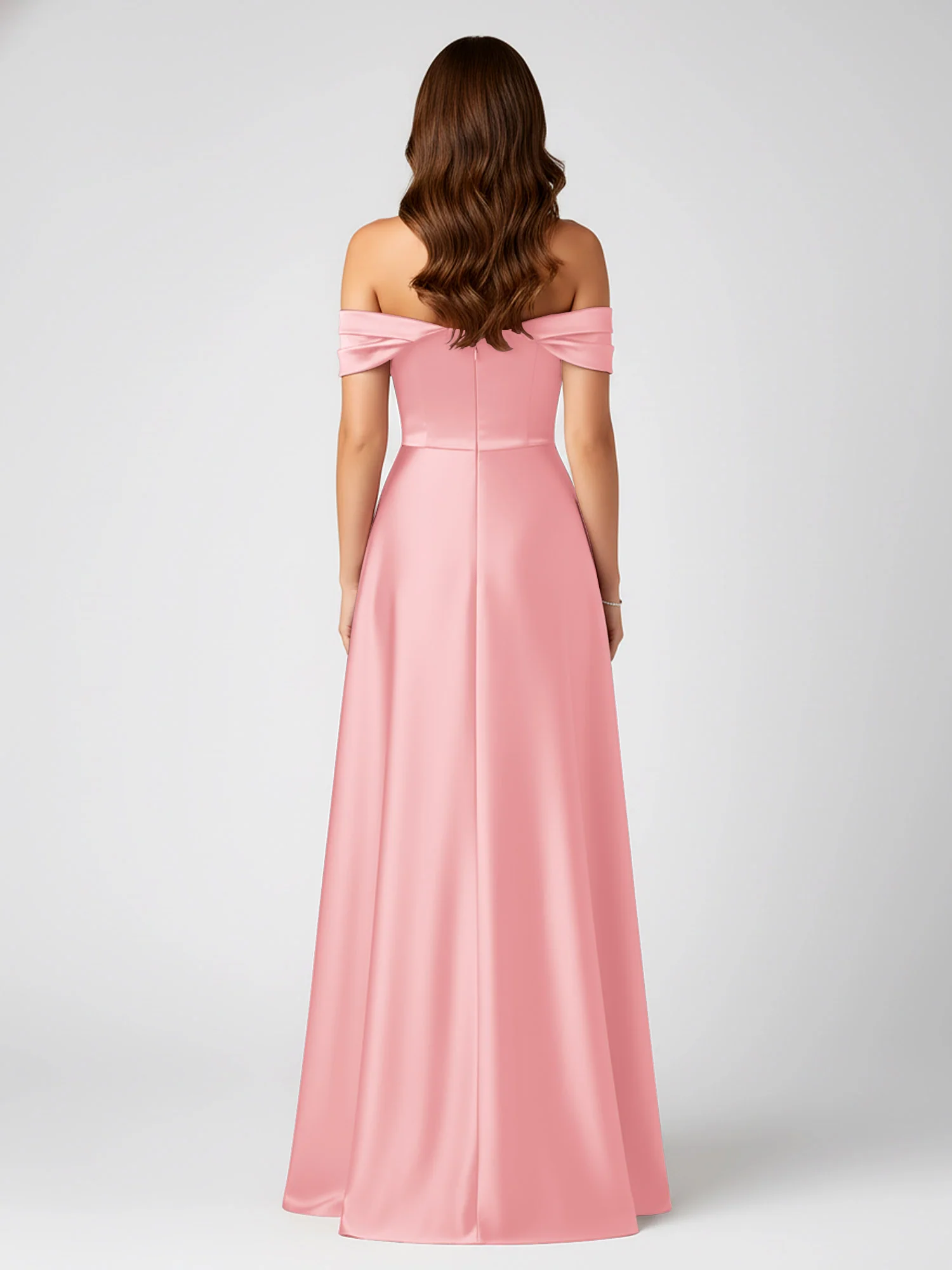 Off-Shoulder Folded Sleeve A-Line Satin Gown Flamingo - Image 2