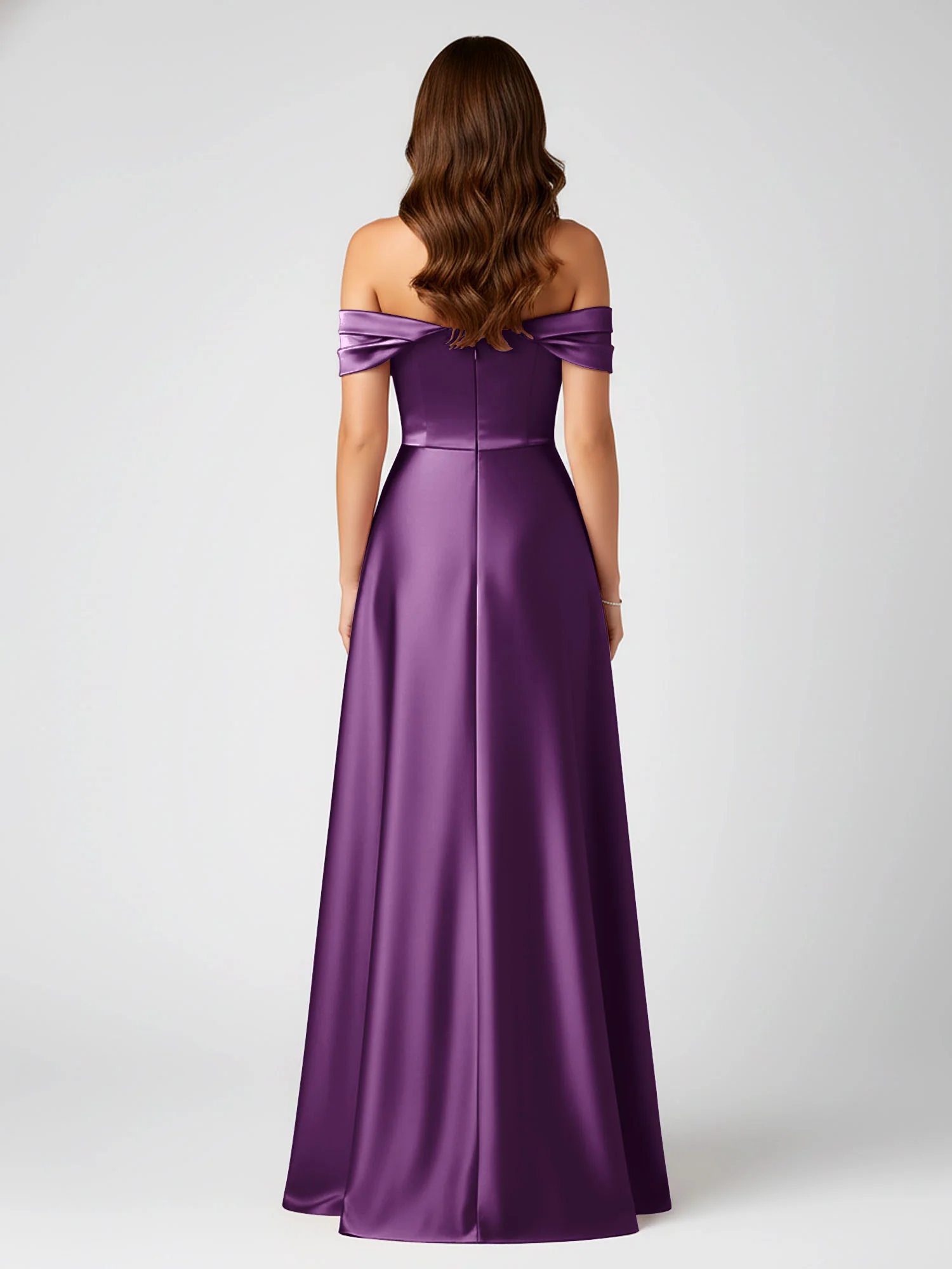 Off-Shoulder Folded Sleeve A-Line Satin Gown Grape - Image 2