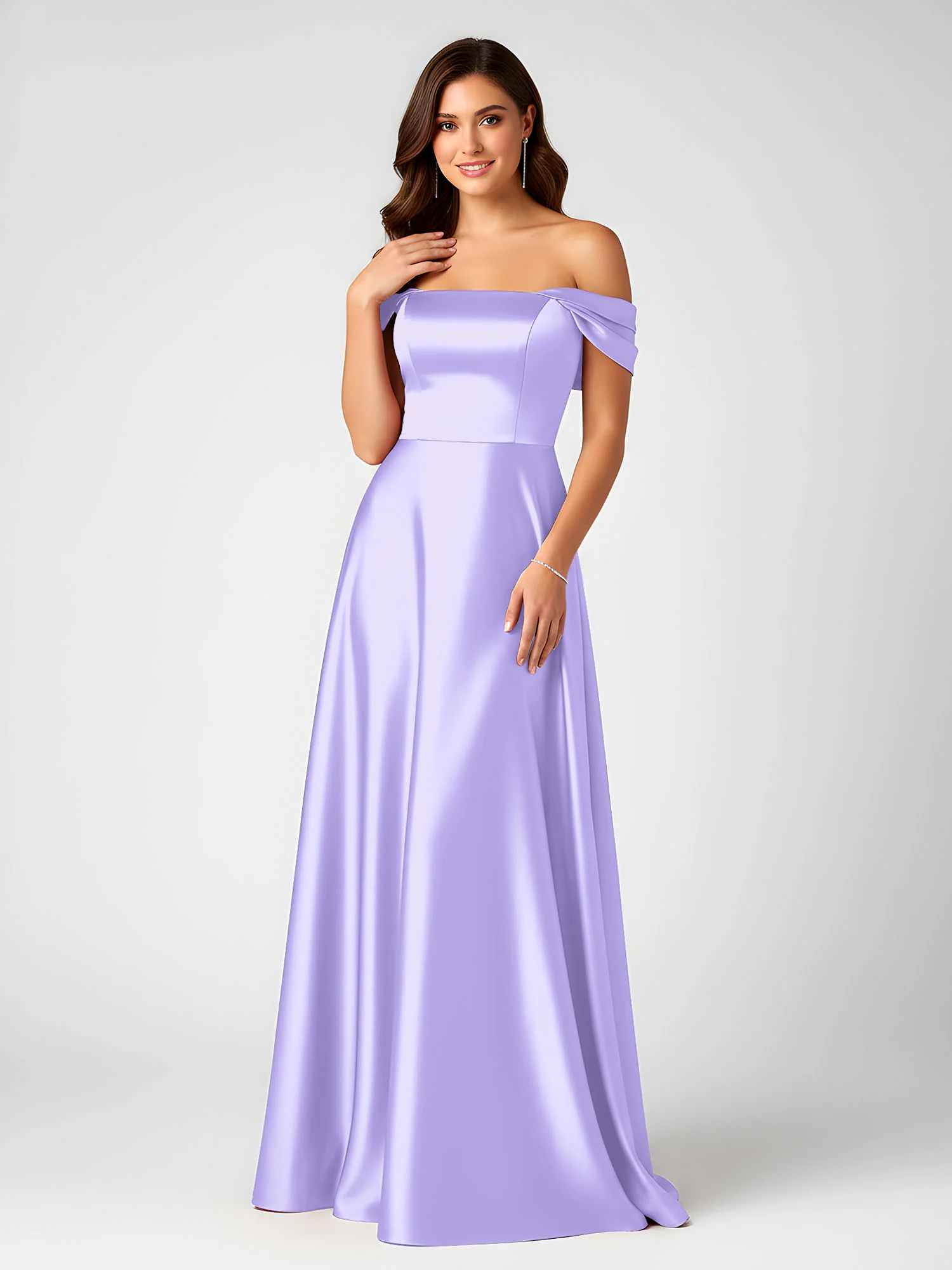 Off-Shoulder Folded Sleeve A-Line Satin Gown Lilac
