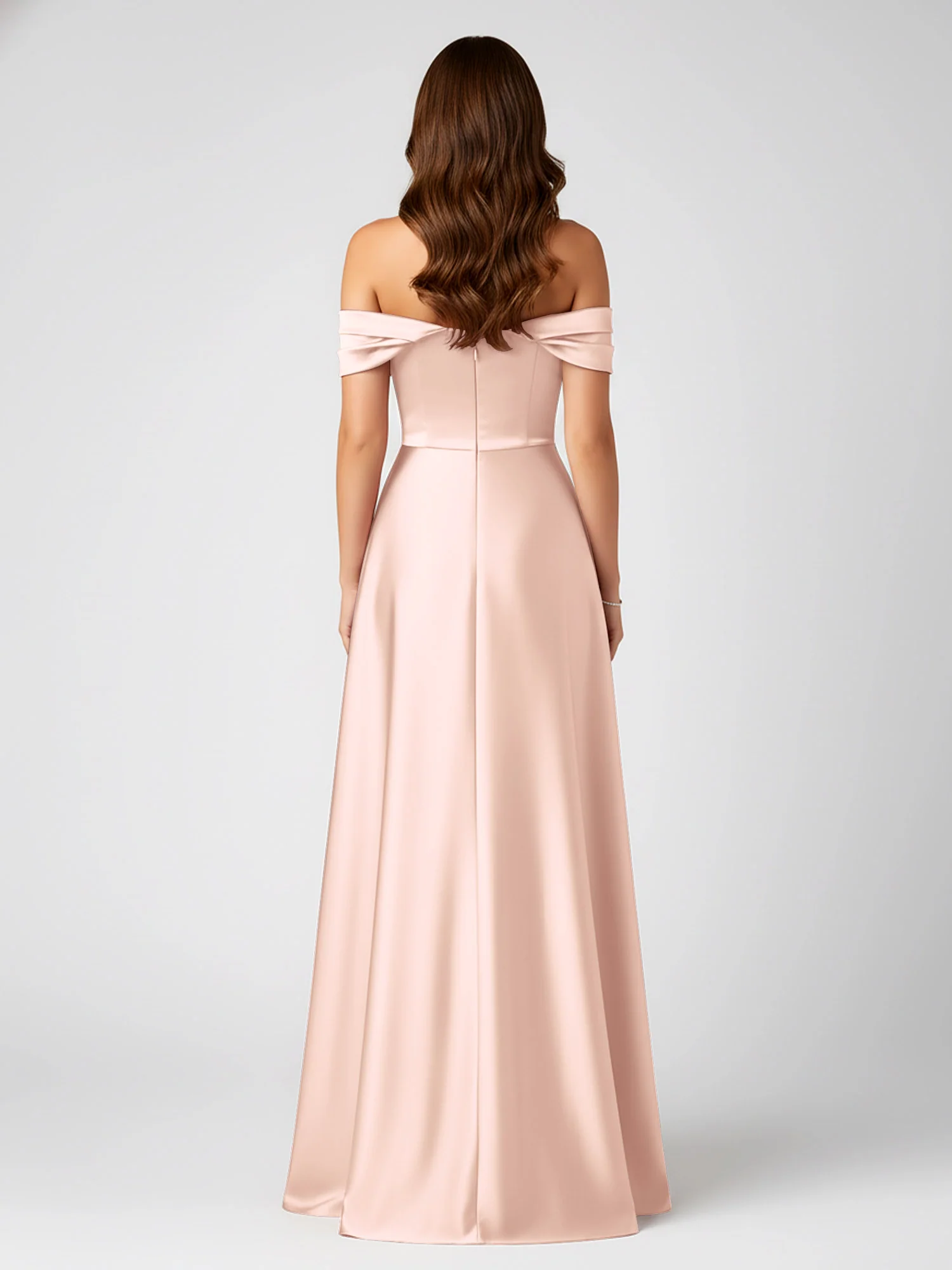 Off-Shoulder Folded Sleeve A-Line Satin Gown Pearl Pink - Image 2