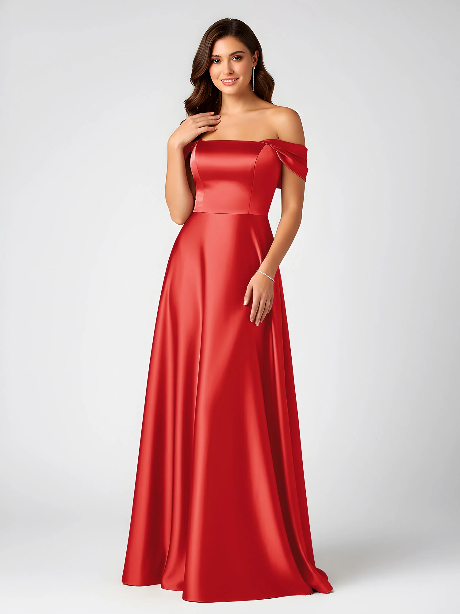 Off-Shoulder Folded Sleeve A-Line Satin Gown Red