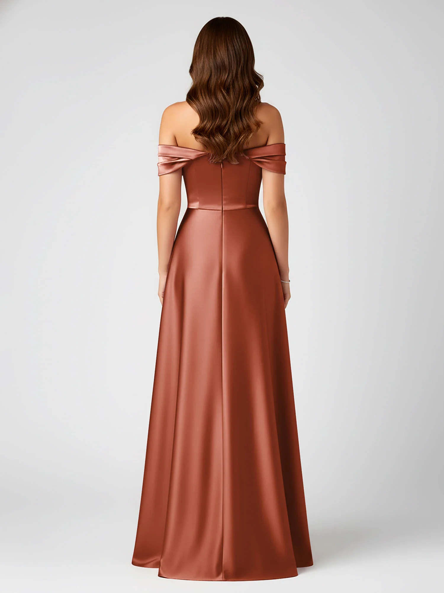 Off-Shoulder Folded Sleeve A-Line Satin Gown Rust - Image 2