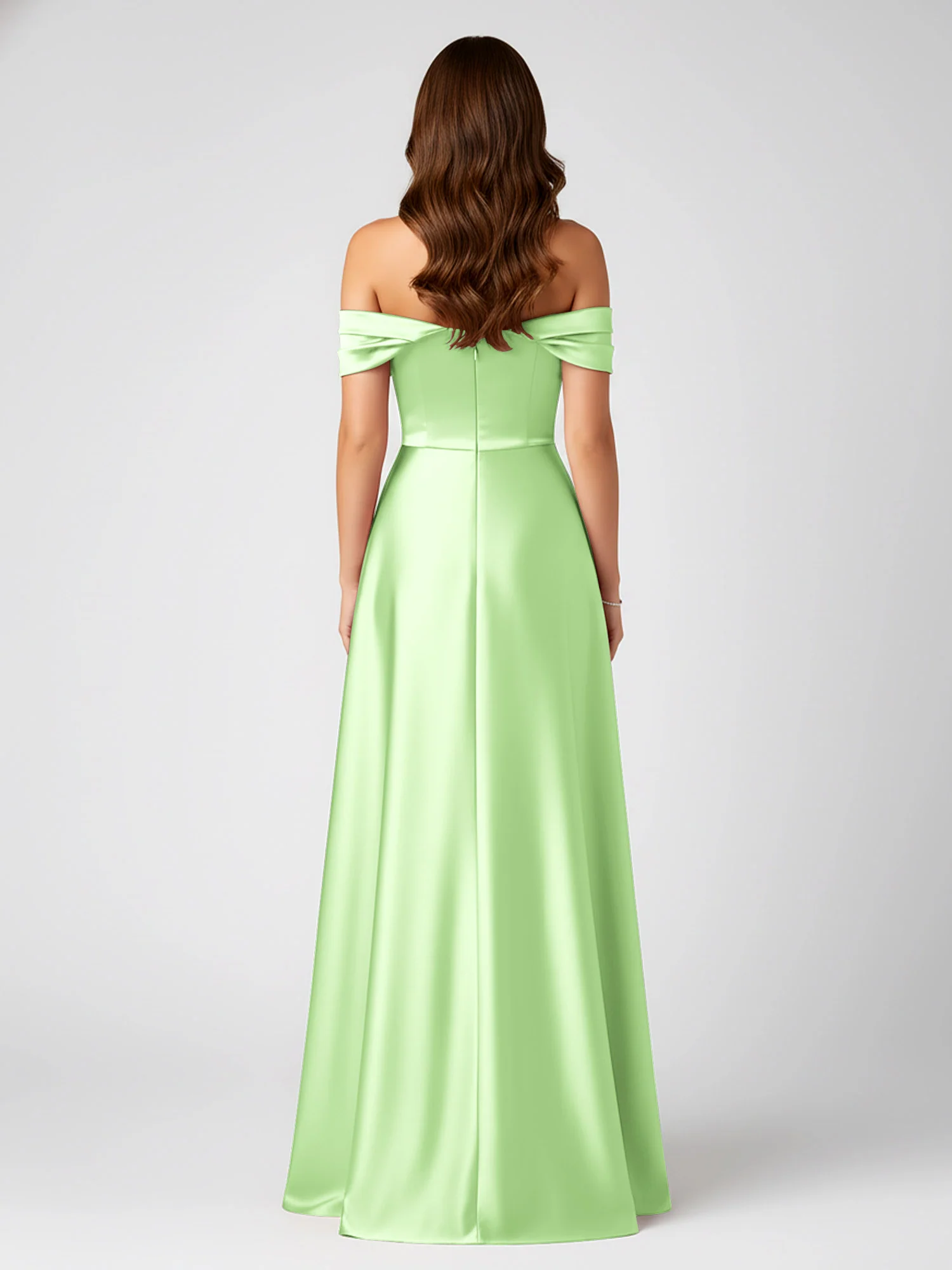 Off-Shoulder Folded Sleeve A-Line Satin Gown Sage - Image 2