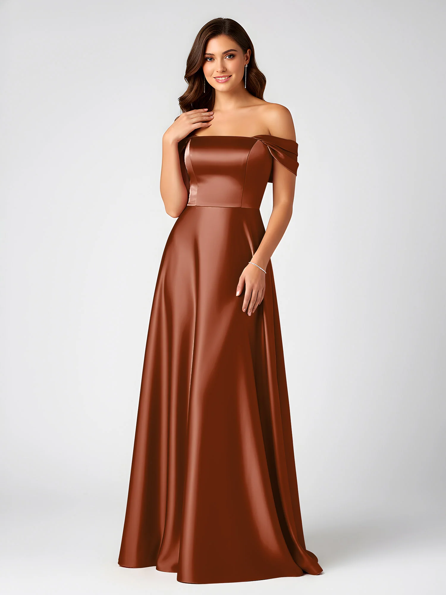 Off-Shoulder Folded Sleeve A-Line Satin Gown Terracotta