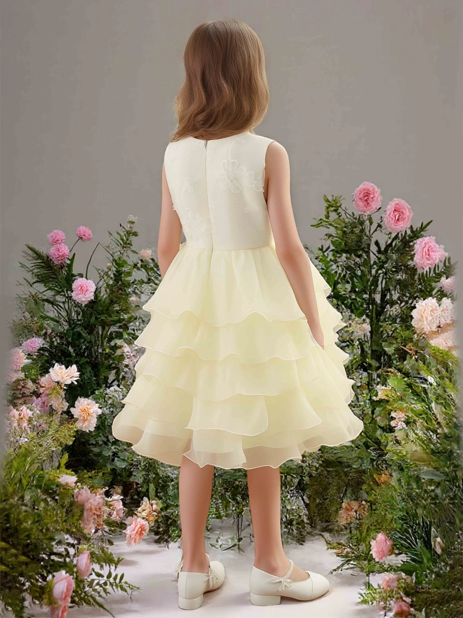 Lace Bodice Tiered Ruffle Organza Flower Girl Dress Daffodil - Image 2