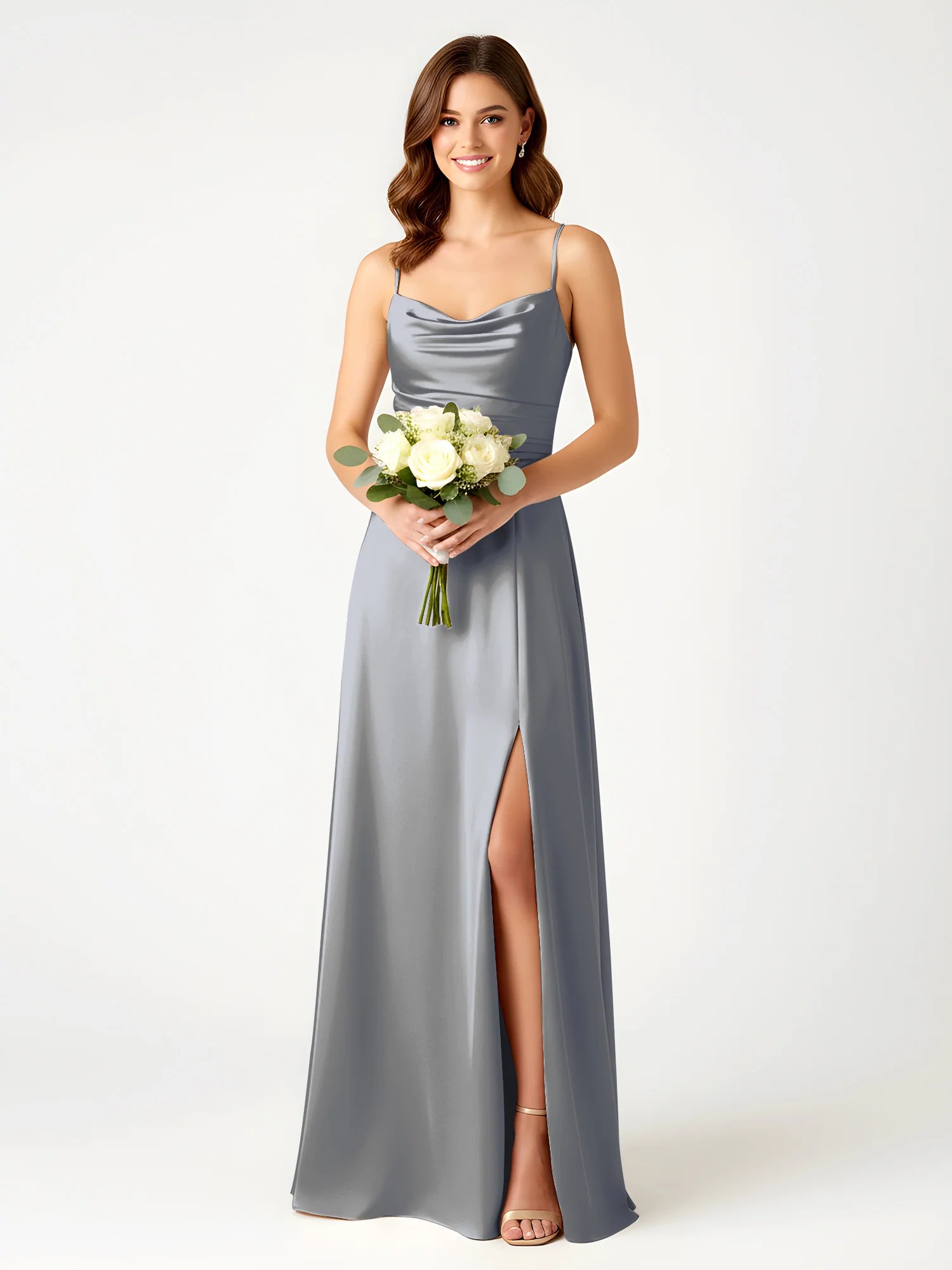 Cowl Neck Spaghetti Strap Acetate Satin Gown with Slit Steel Grey