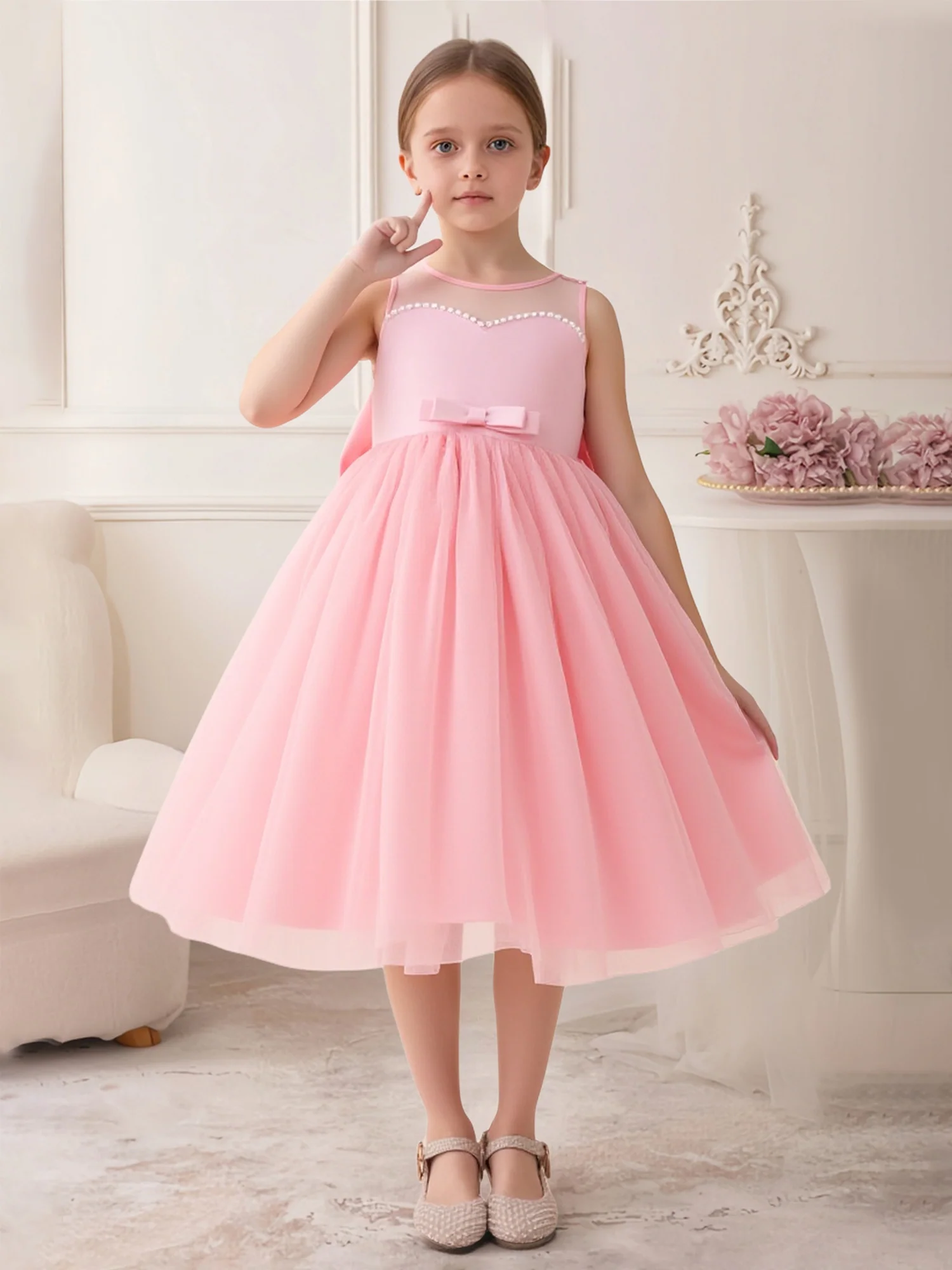 Illusion Bodice V-Back Bow Detail Party Flower Girl Dress Flamingo