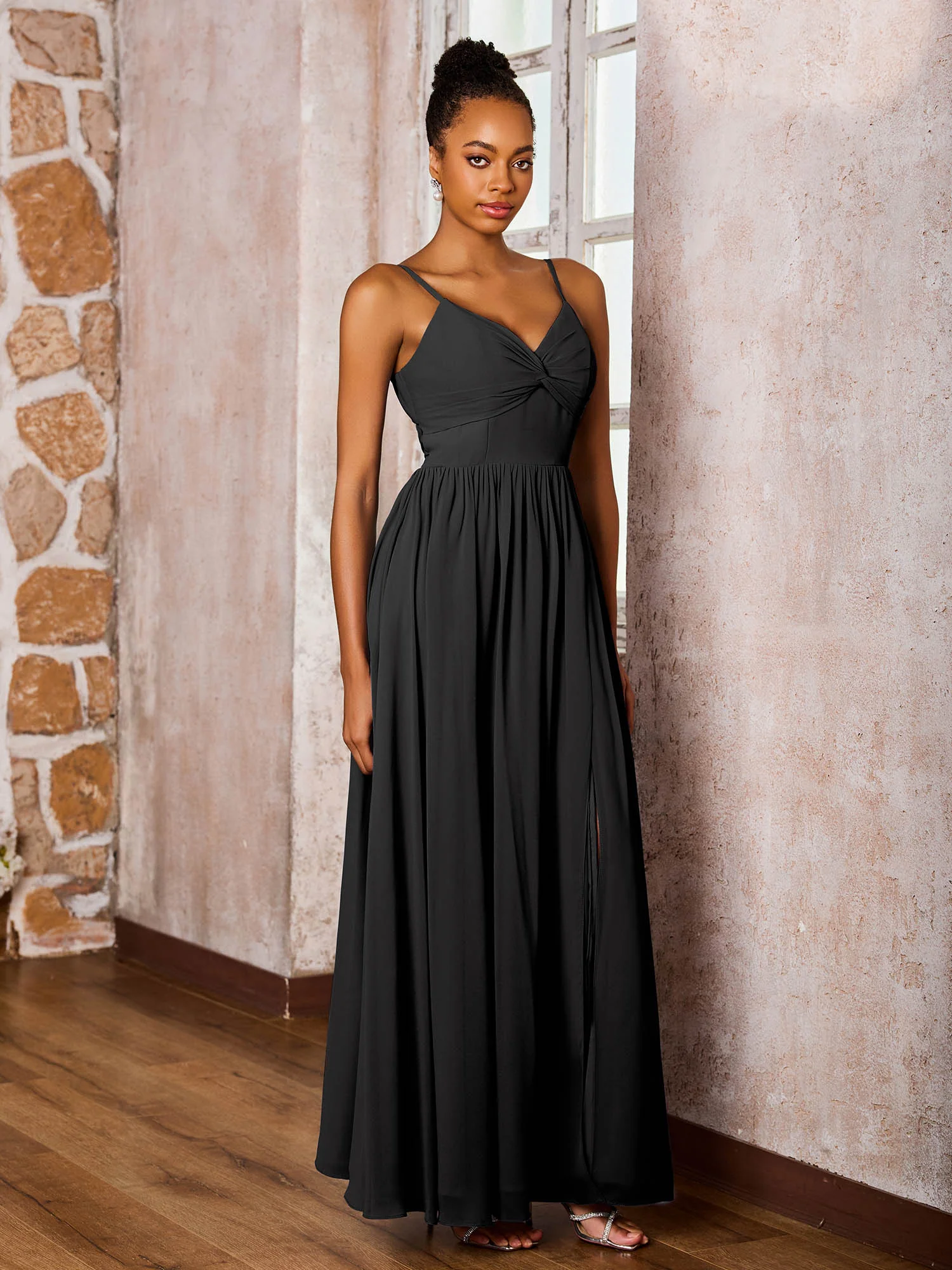 Criss-Cross Back Spaghetti Straps V-neck A-line Slit Dress Black - Image 3