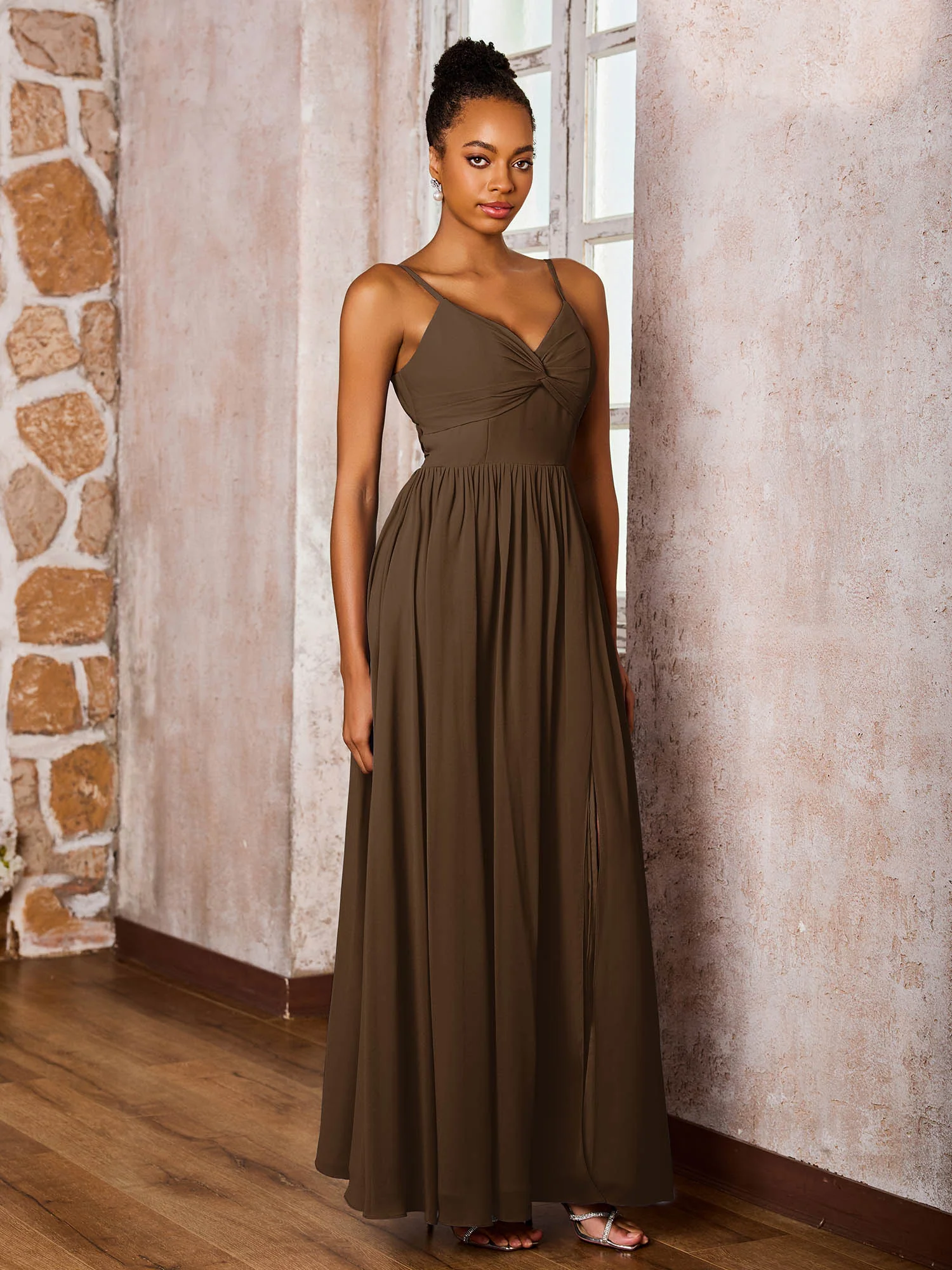 Criss-Cross Back Spaghetti Straps V-neck A-line Slit Dress Brown - Image 3