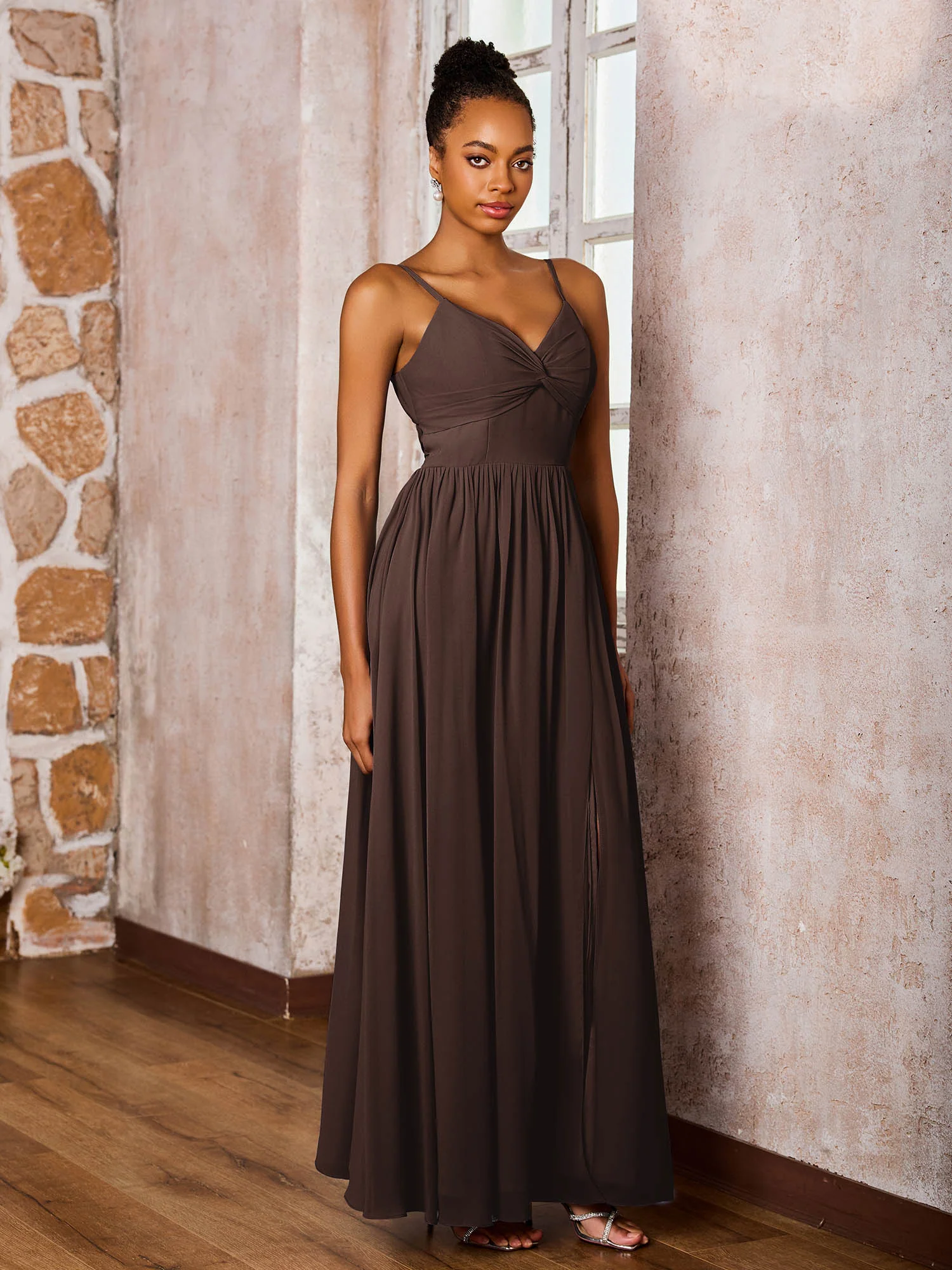 Criss-Cross Back Spaghetti Straps V-neck A-line Slit Dress Chocolate - Image 3
