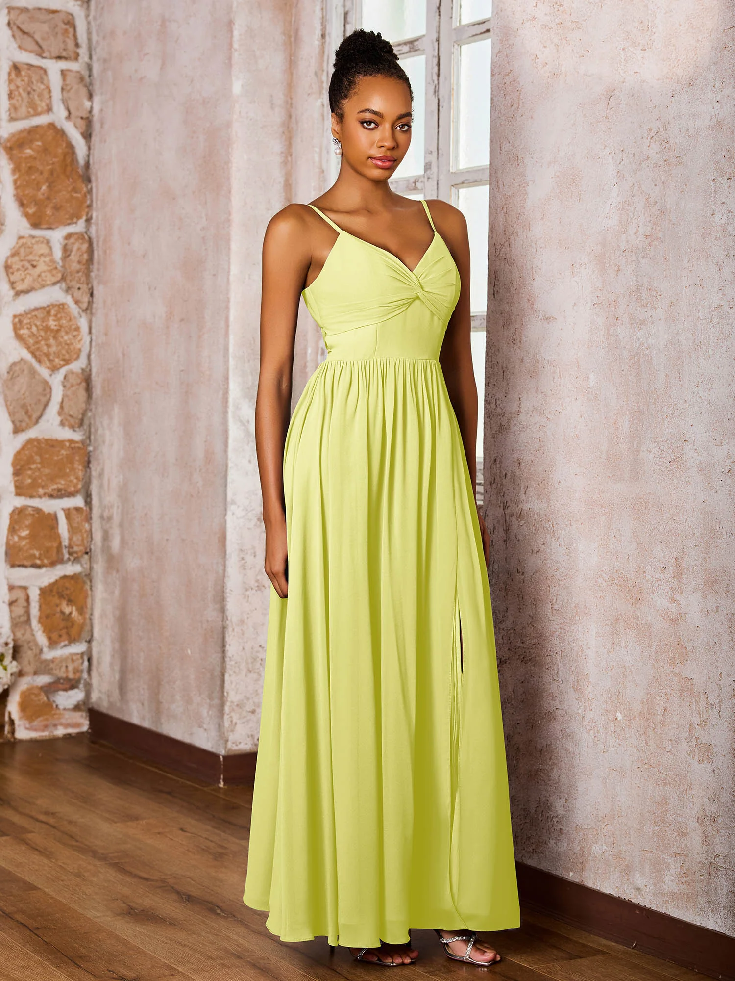 Criss-Cross Back Spaghetti Straps V-neck A-line Slit Dress Daffodil - Image 3