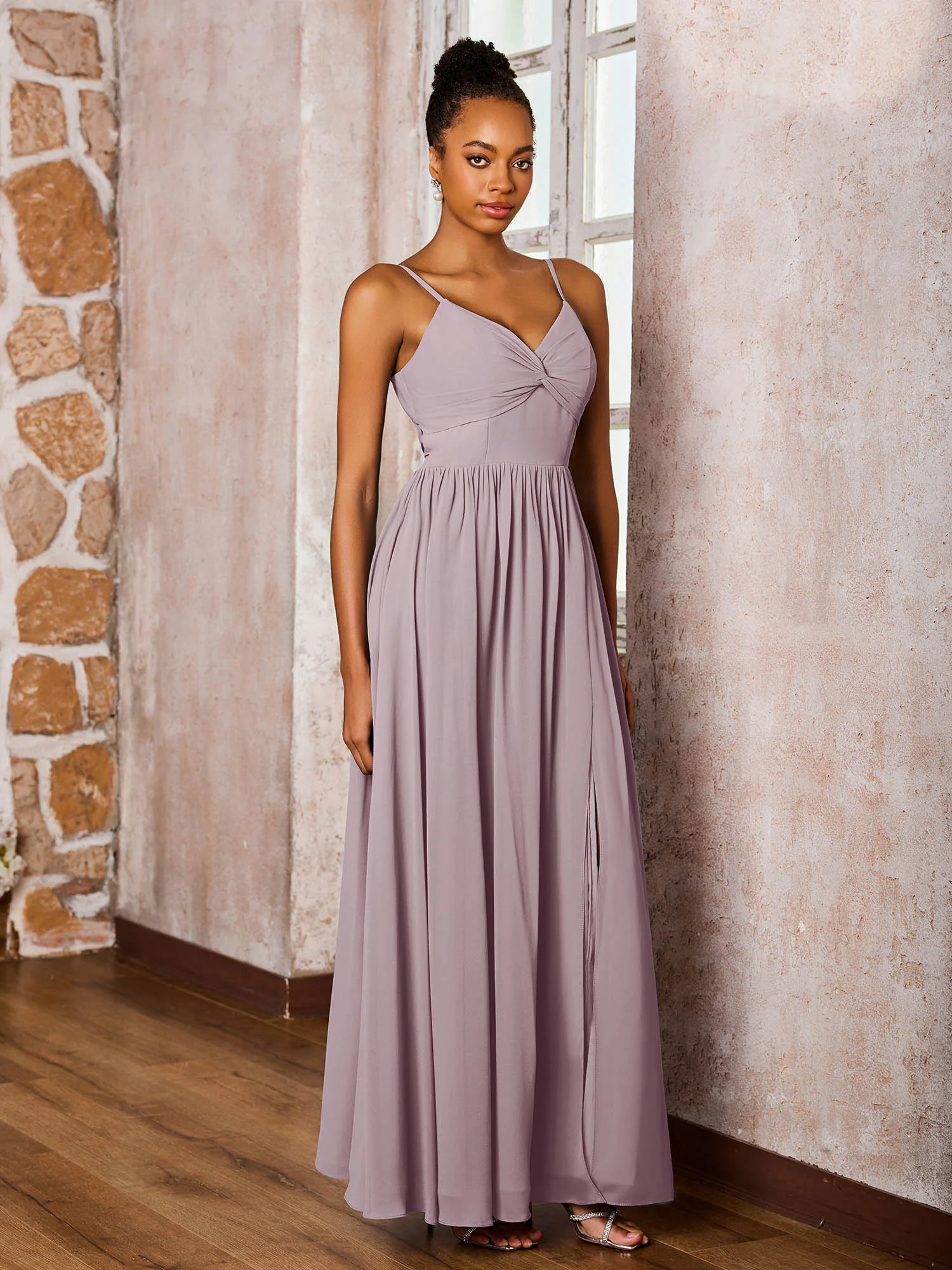 Criss-Cross Back Spaghetti Straps V-neck A-line Slit Dress Dusk - Image 3
