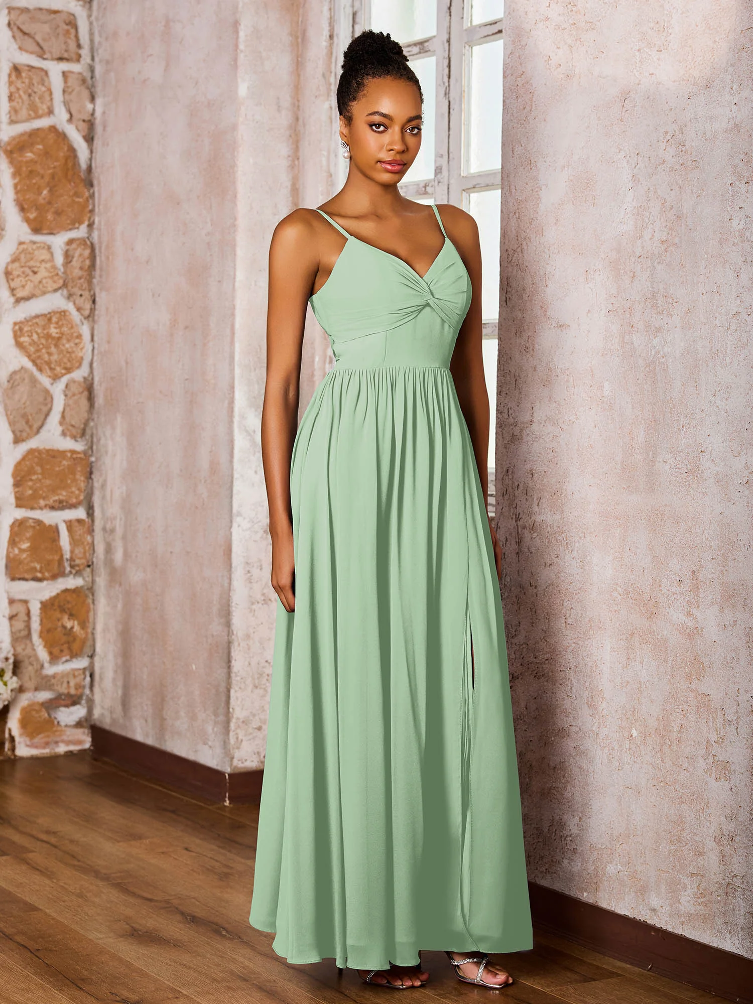 Criss-Cross Back Spaghetti Straps V-neck A-line Slit Dress Dusty Sage - Image 3