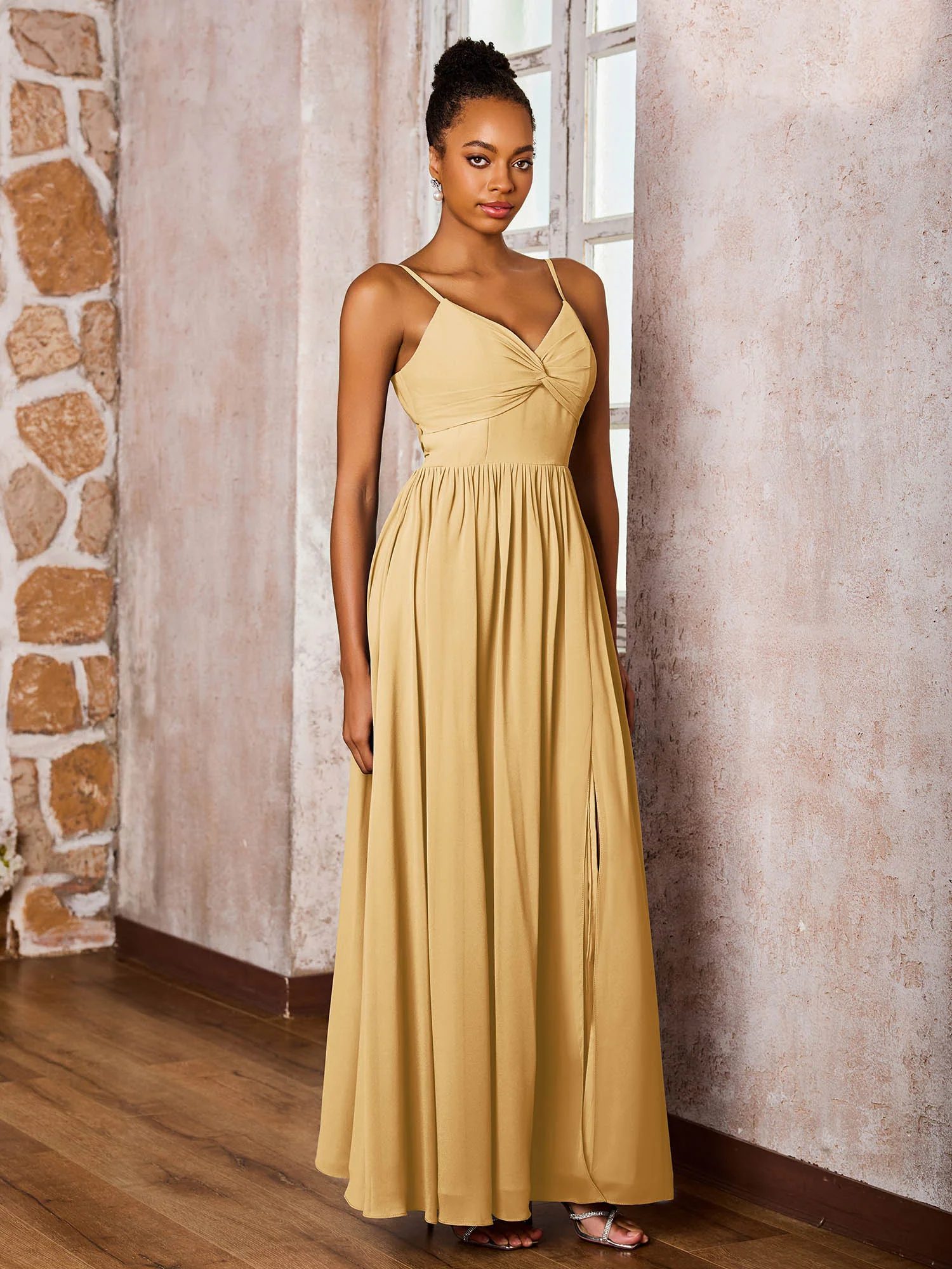 Criss-Cross Back Spaghetti Straps V-neck A-line Slit Dress Gold - Image 3