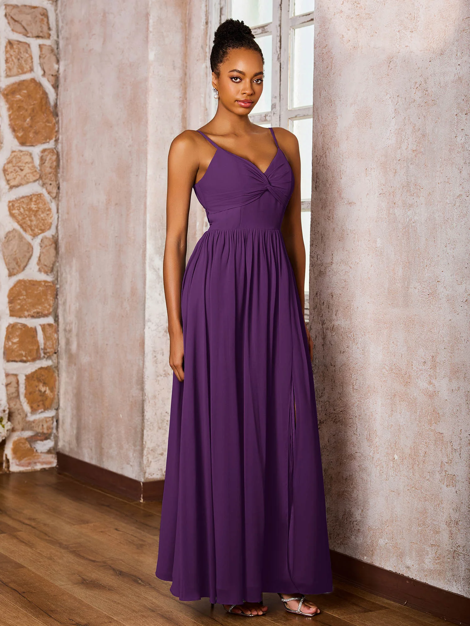 Criss-Cross Back Spaghetti Straps V-neck A-line Slit Dress Grape - Image 3
