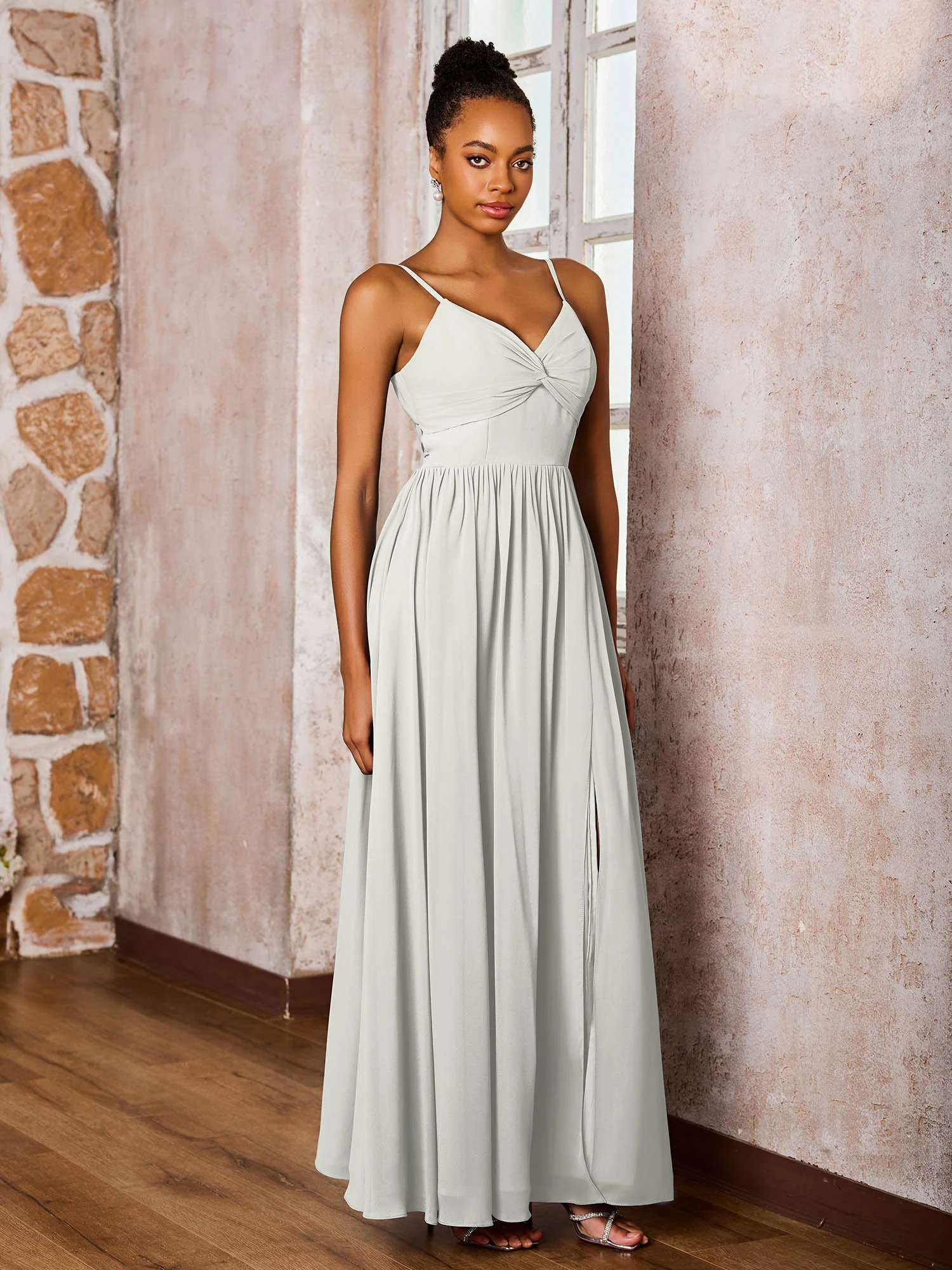 Criss-Cross Back Spaghetti Straps V-neck A-line Slit Dress Ivory - Image 3
