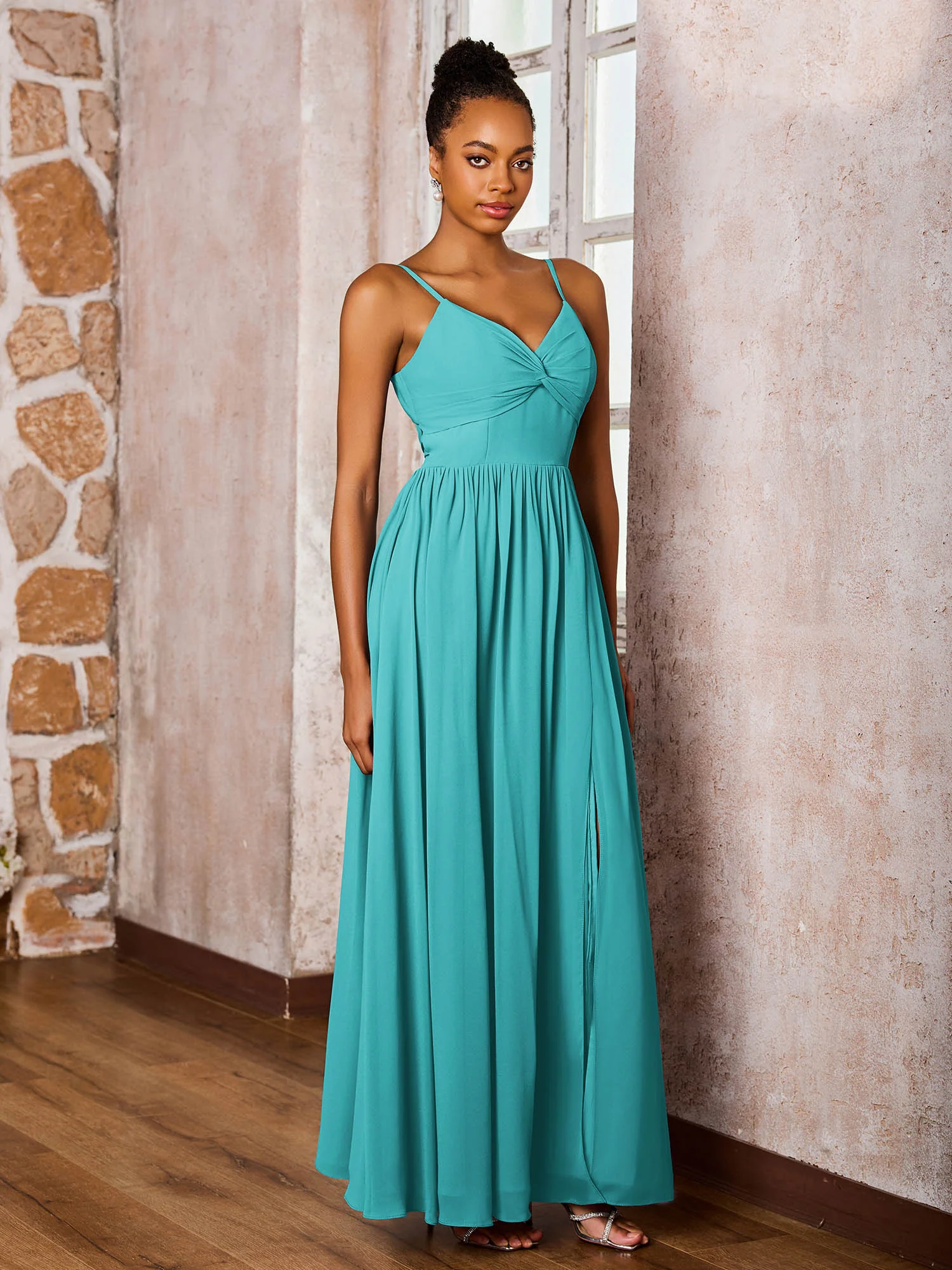 Criss-Cross Back Spaghetti Straps V-neck A-line Slit Dress Jade - Image 3