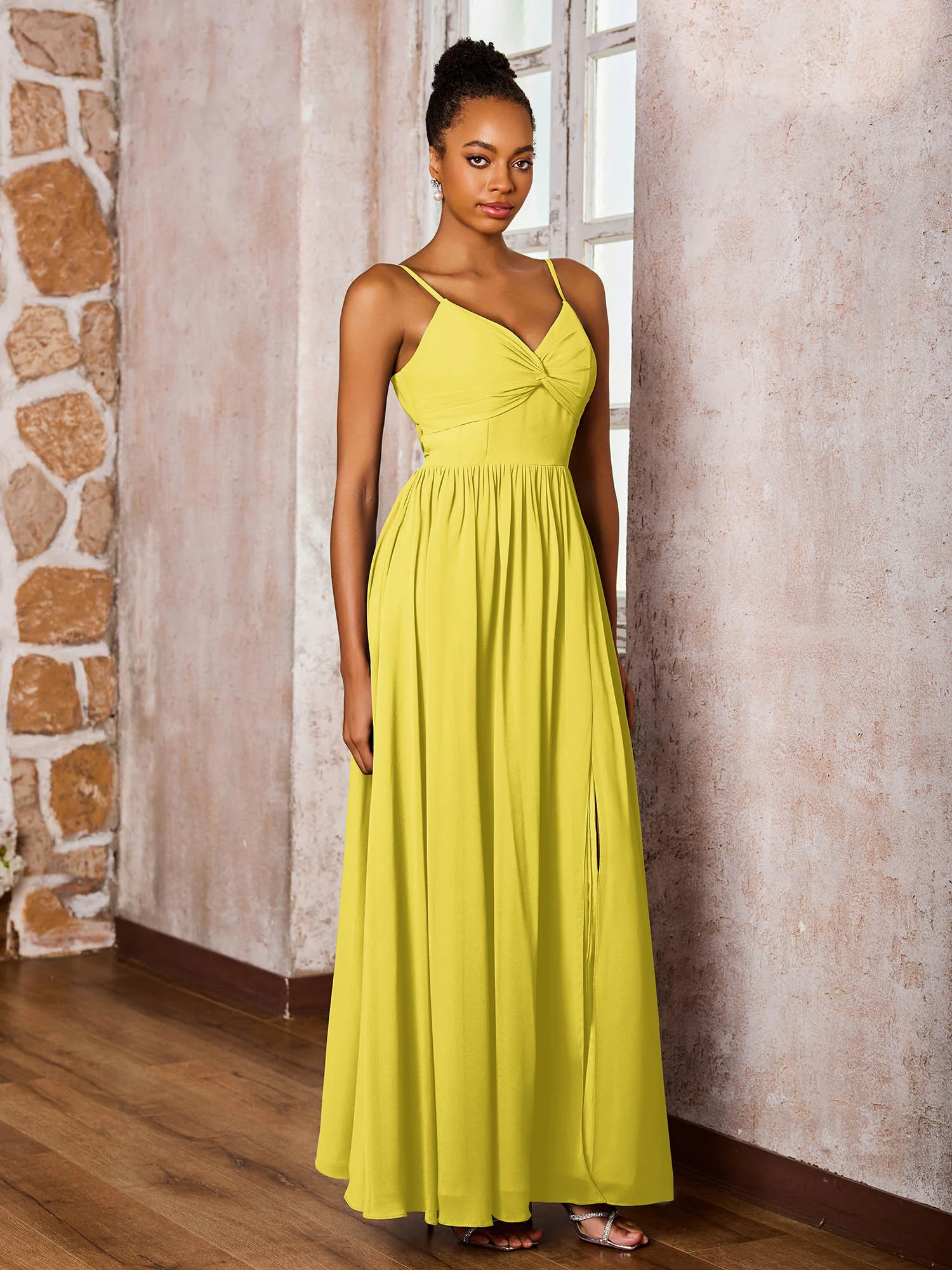 Criss-Cross Back Spaghetti Straps V-neck A-line Slit Dress Lemon - Image 3