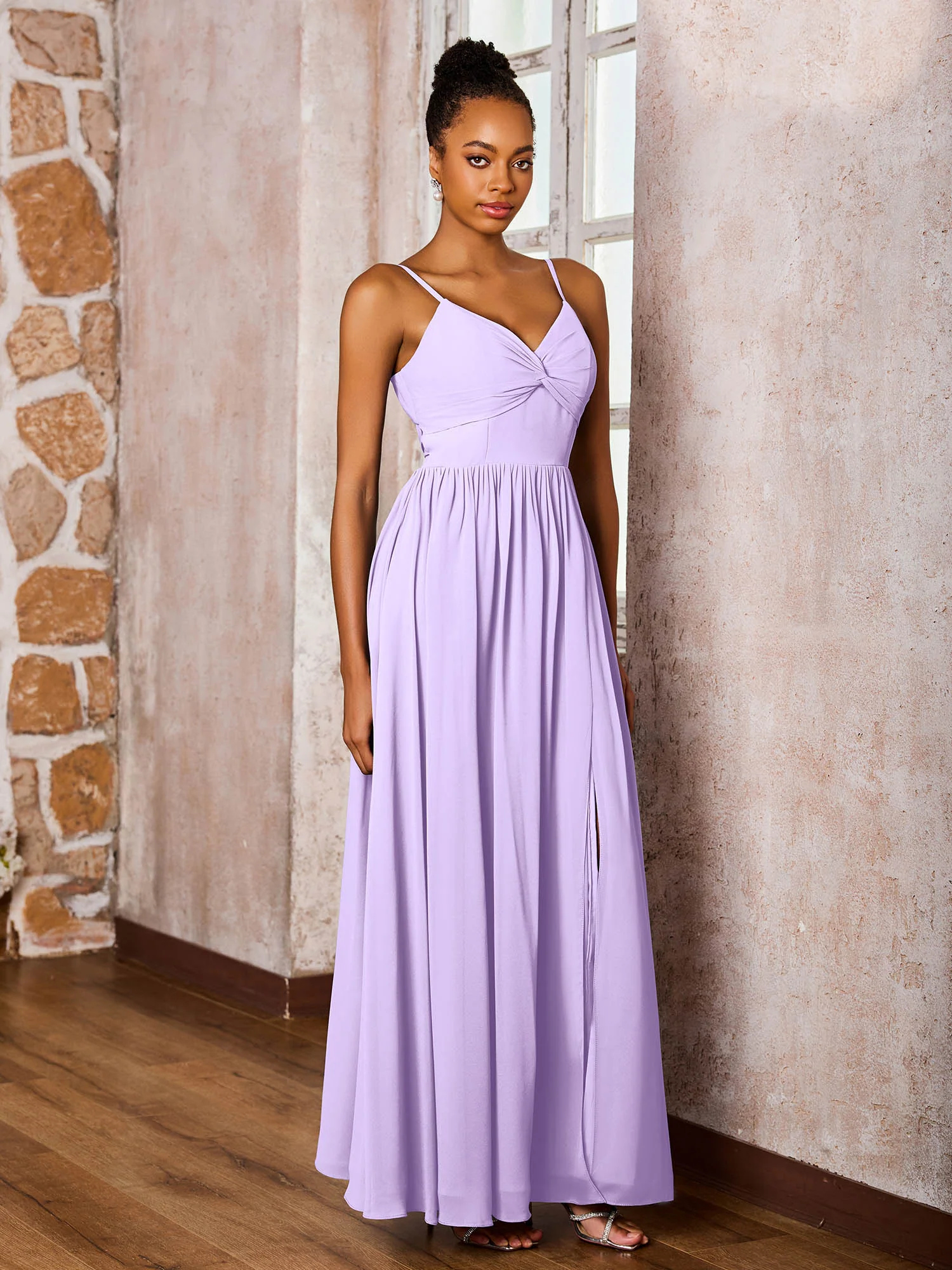Criss-Cross Back Spaghetti Straps V-neck A-line Slit Dress Lilac - Image 3
