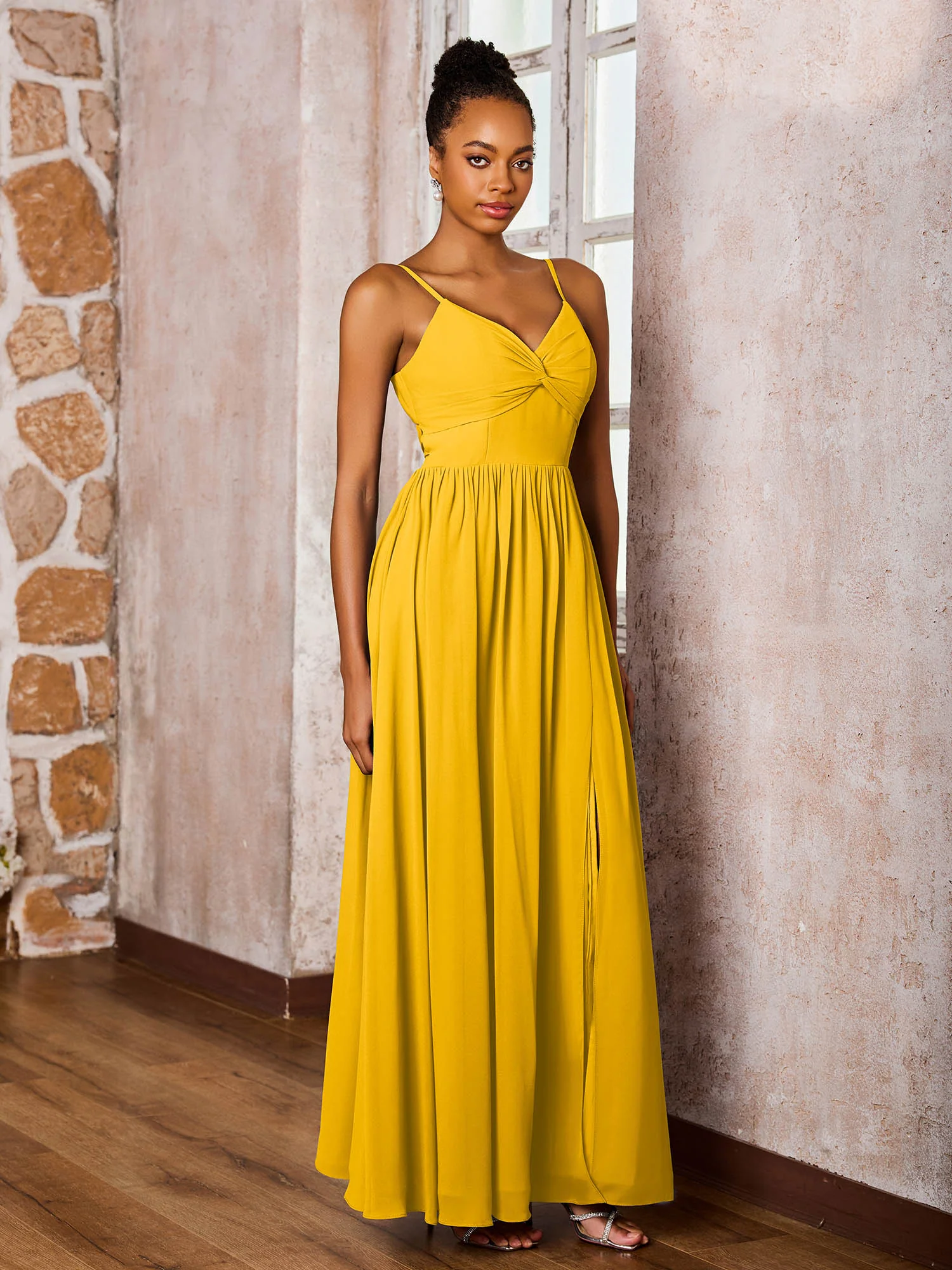 Criss-Cross Back Spaghetti Straps V-neck A-line Slit Dress Marigold - Image 3