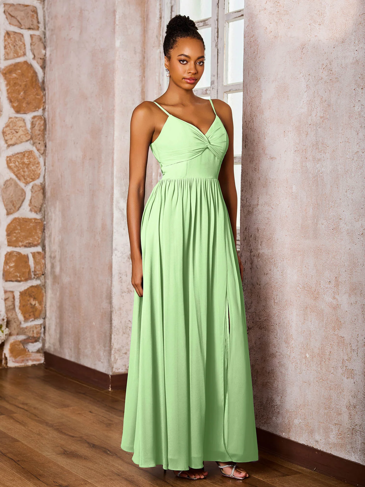 Criss-Cross Back Spaghetti Straps V-neck A-line Slit Dress Sage - Image 3