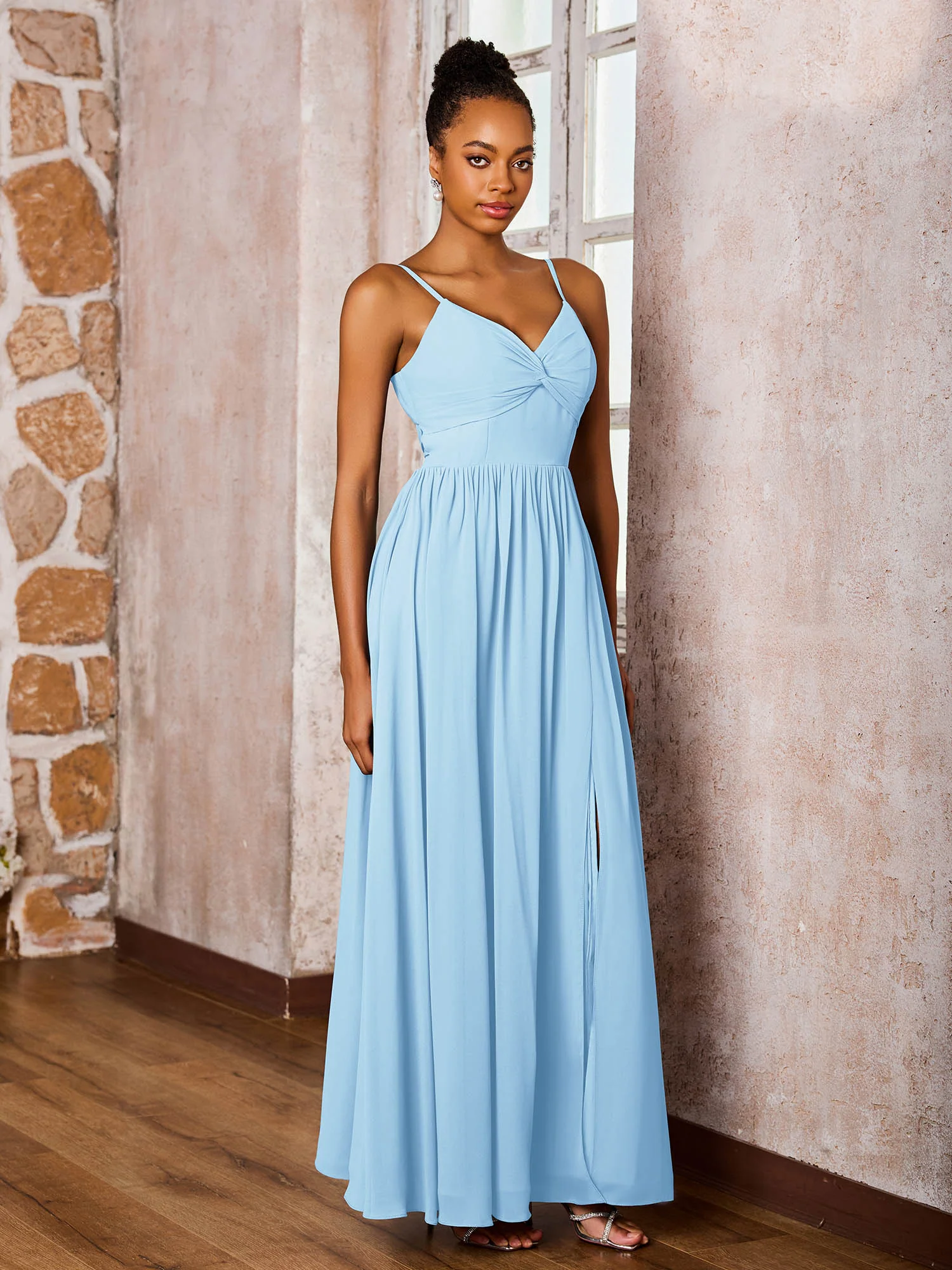 Criss-Cross Back Spaghetti Straps V-neck A-line Slit Dress Sky Blue - Image 3