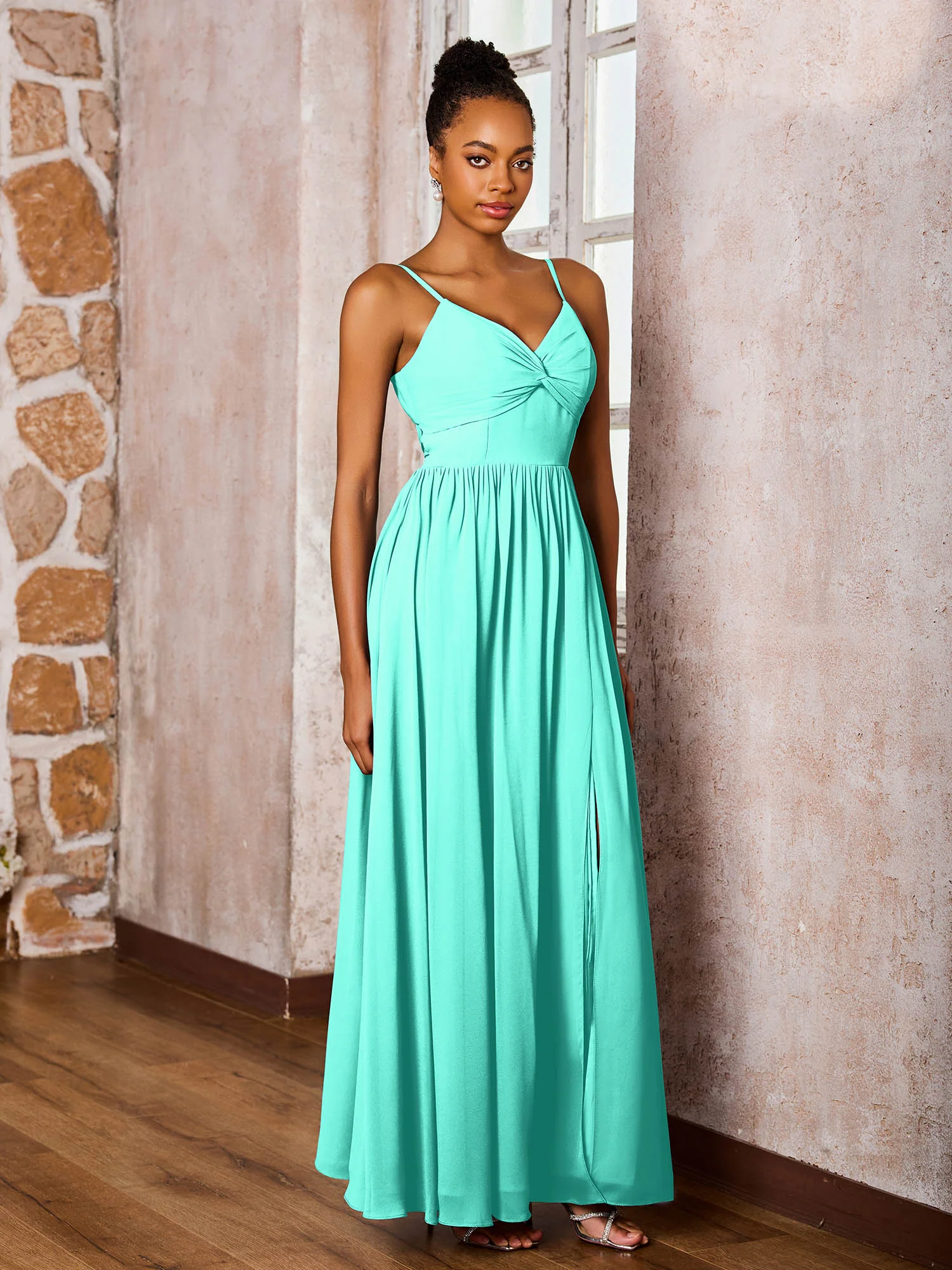 Criss-Cross Back Spaghetti Straps V-neck A-line Slit Dress Spa - Image 3