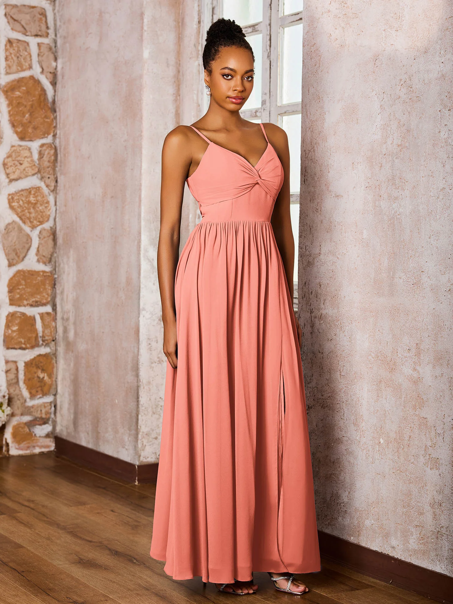 Criss-Cross Back Spaghetti Straps V-neck A-line Slit Dress Sunset - Image 3