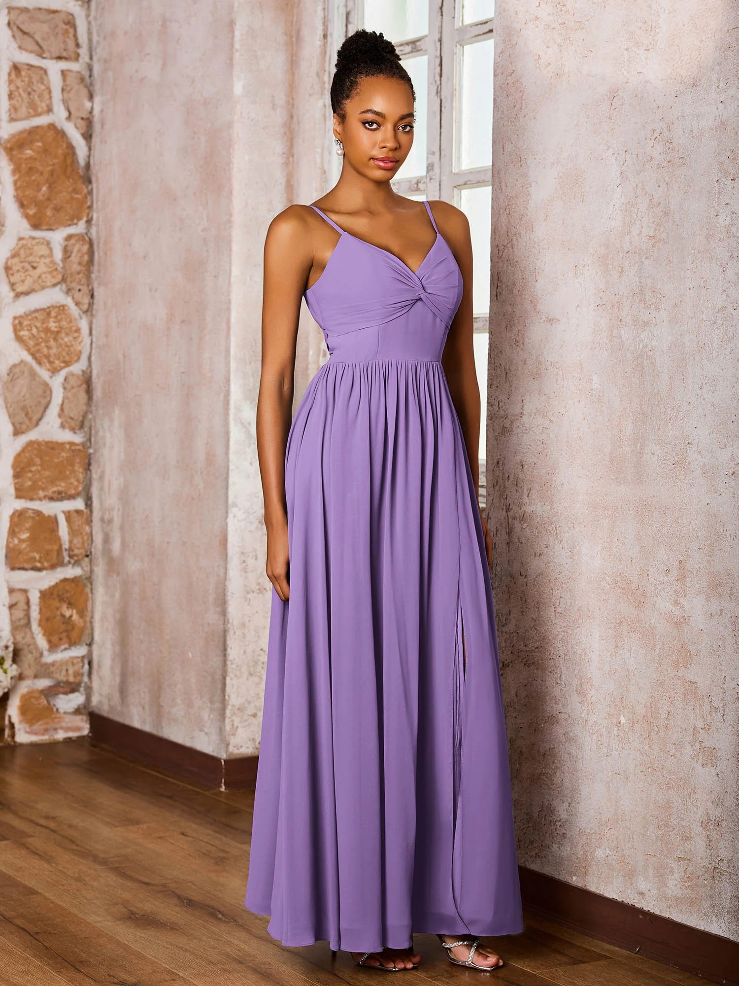 Criss-Cross Back Spaghetti Straps V-neck A-line Slit Dress Tahiti - Image 3