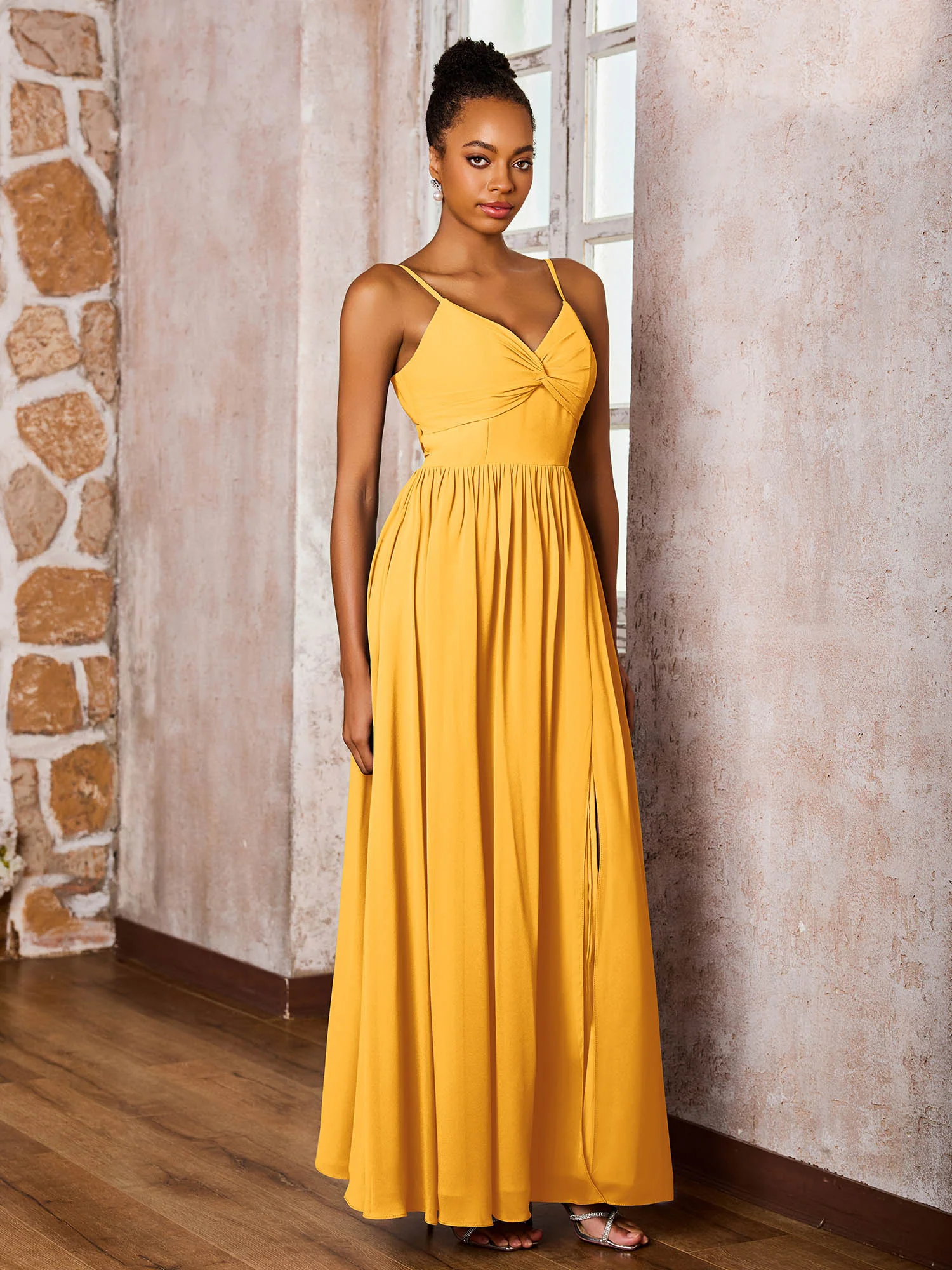 Criss-Cross Back Spaghetti Straps V-neck A-line Slit Dress Tangerine - Image 3