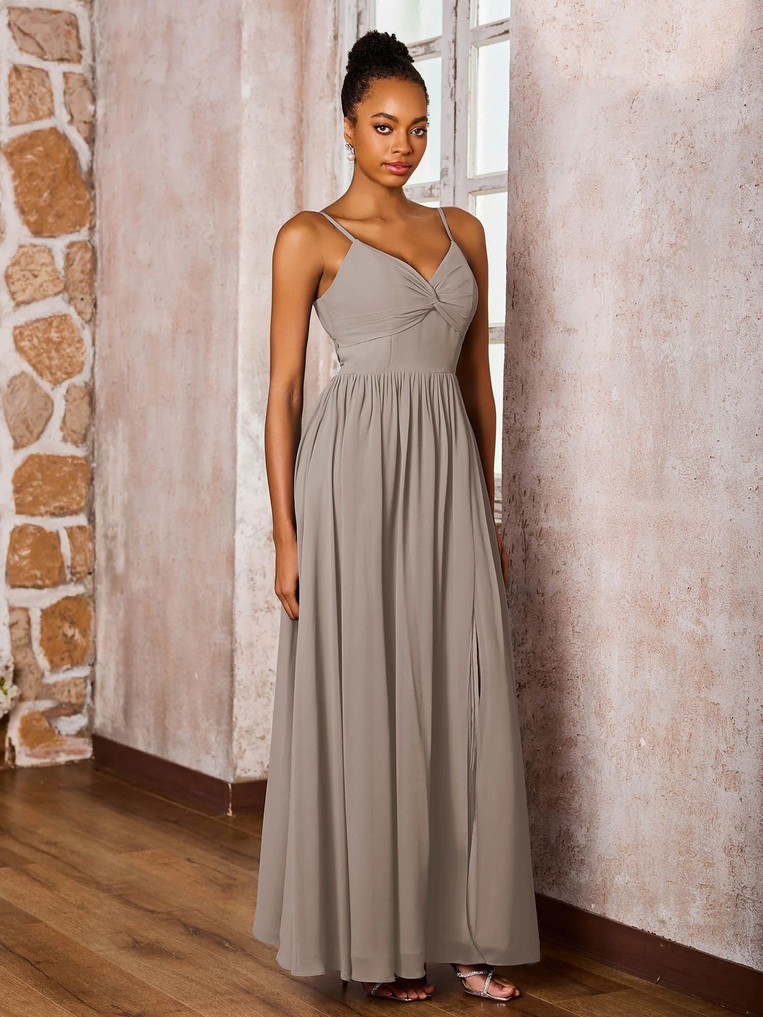 Criss-Cross Back Spaghetti Straps V-neck A-line Slit Dress Taupe - Image 3