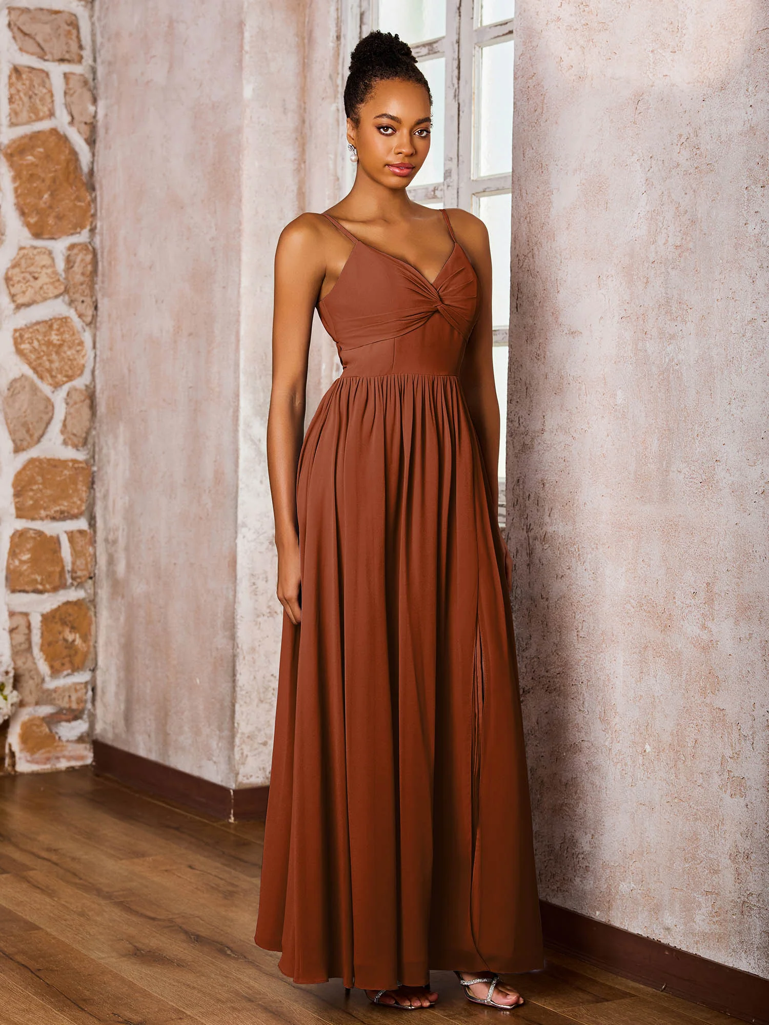 Criss-Cross Back Spaghetti Straps V-neck A-line Slit Dress Terracotta - Image 3
