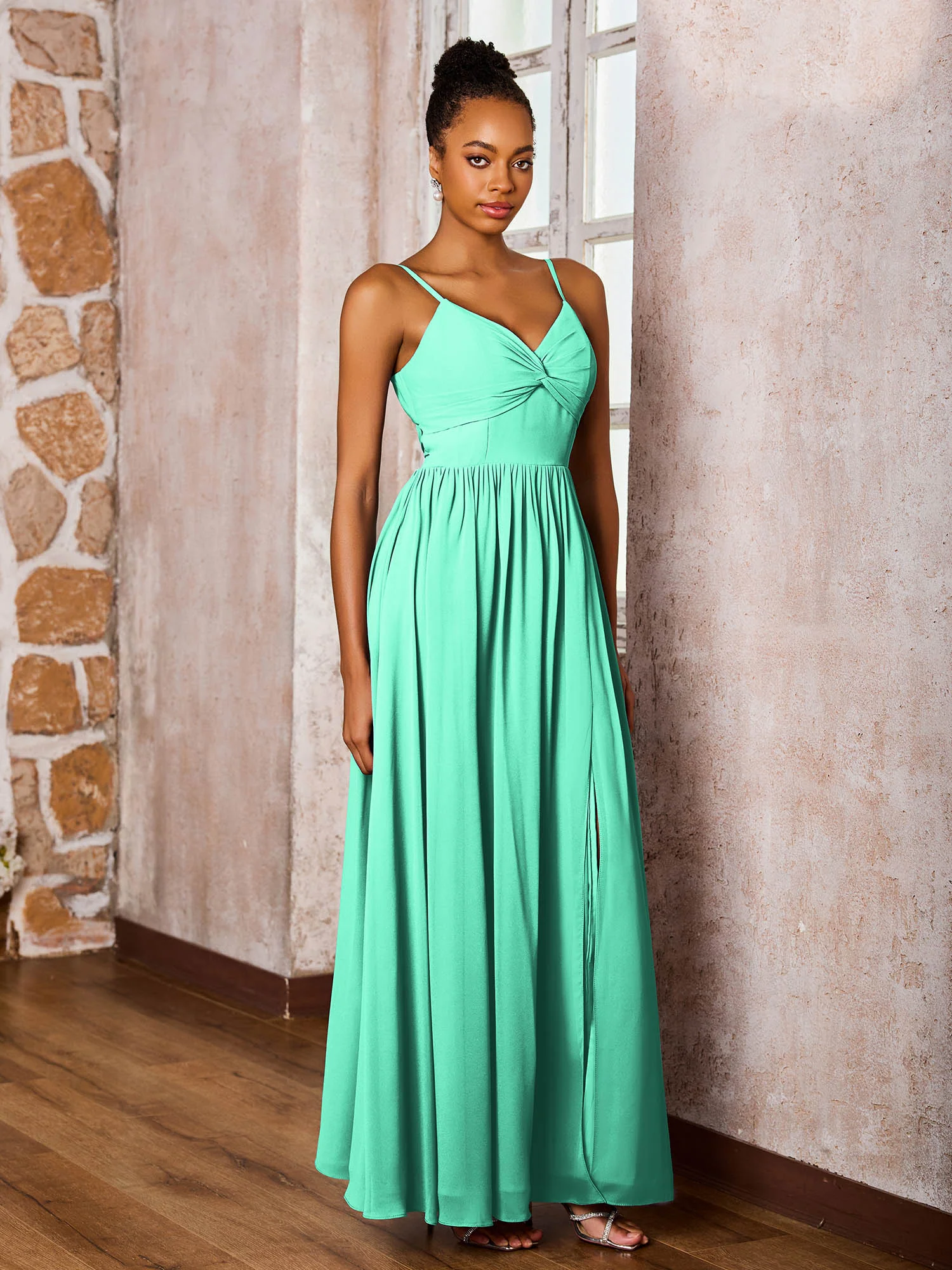 Criss-Cross Back Spaghetti Straps V-neck A-line Slit Dress Turquoise - Image 3