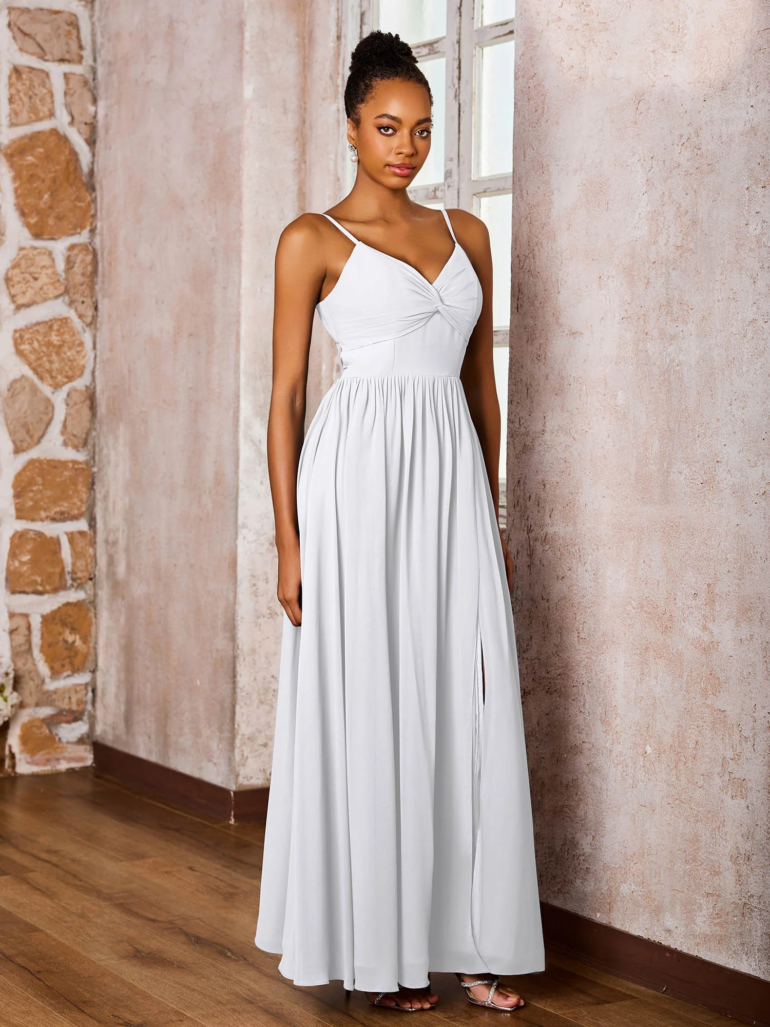 Criss-Cross Back Spaghetti Straps V-neck A-line Slit Dress White - Image 3